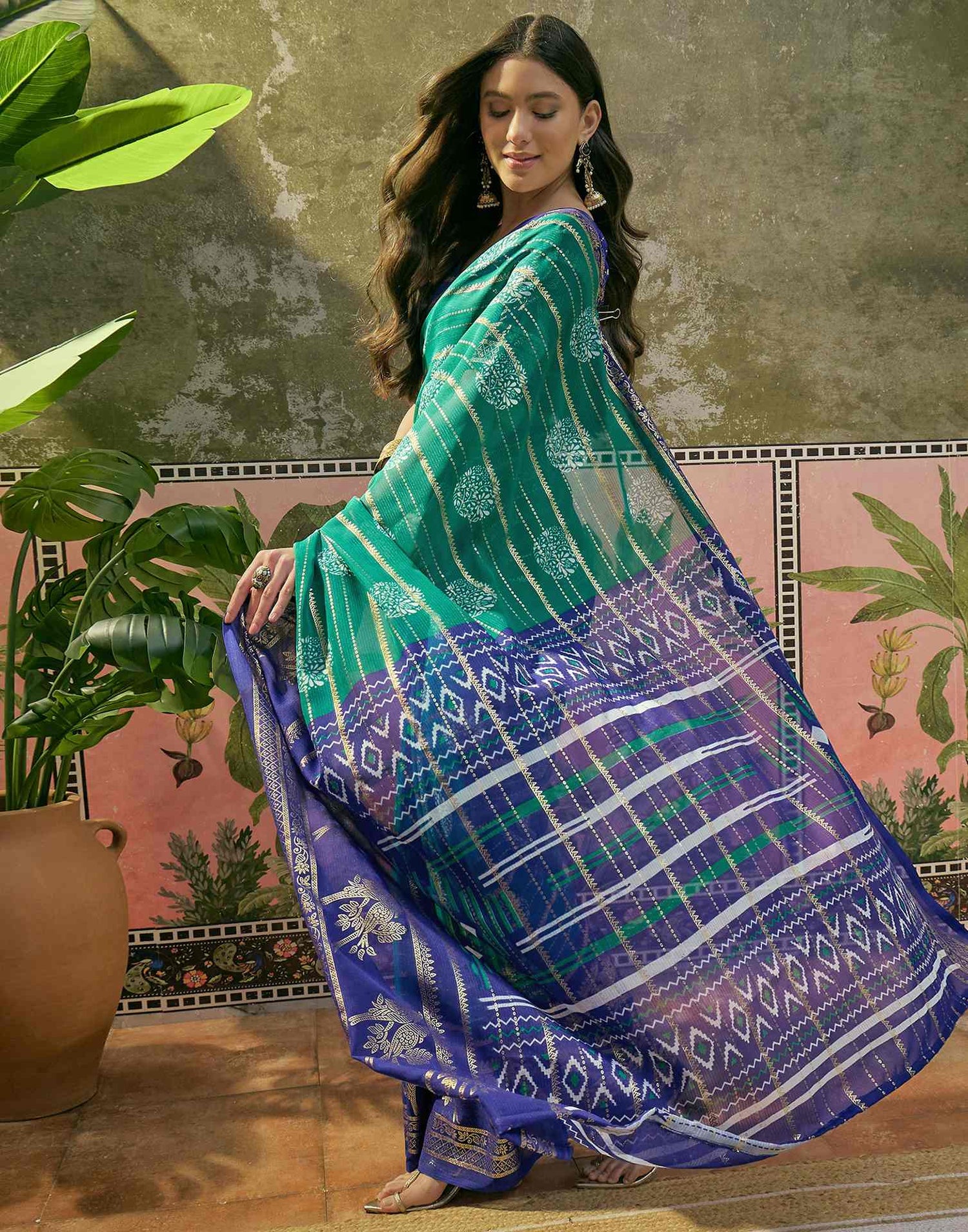 Teal Green Georgette Foil Printed Saree