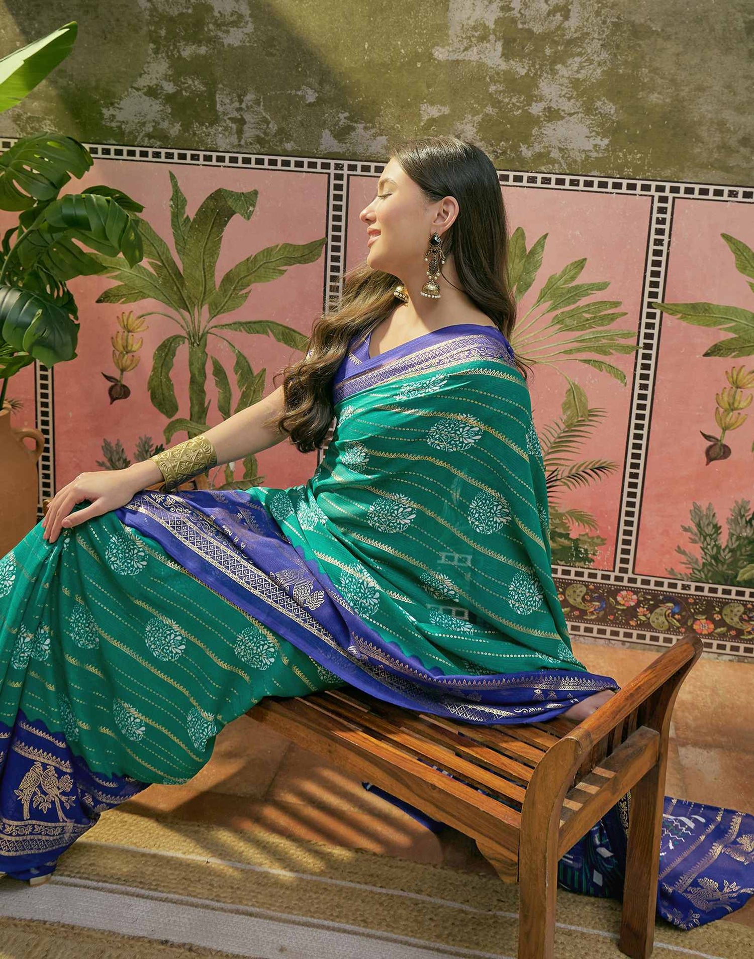 Teal Green Georgette Foil Printed Saree