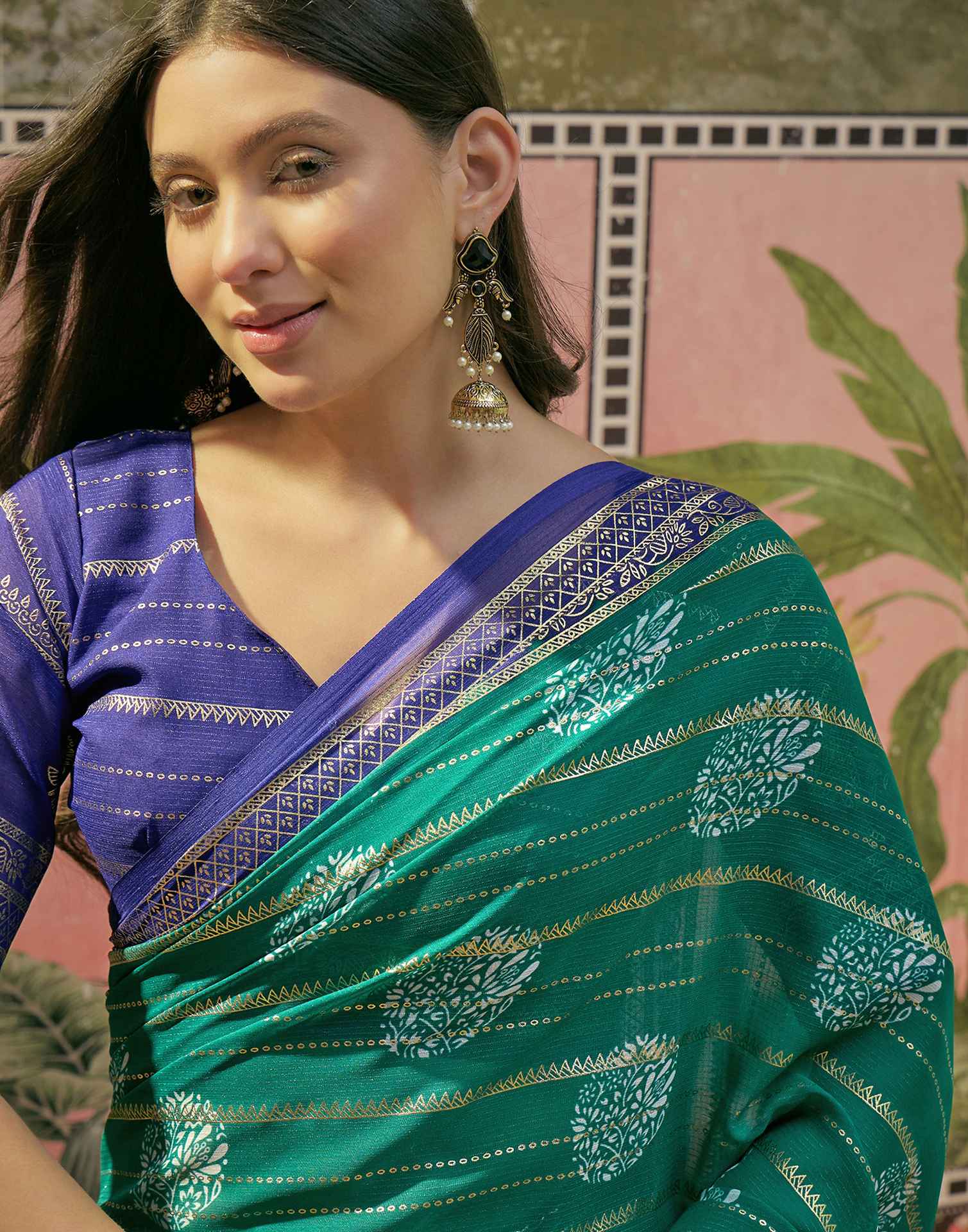 Teal Green Georgette Foil Printed Saree