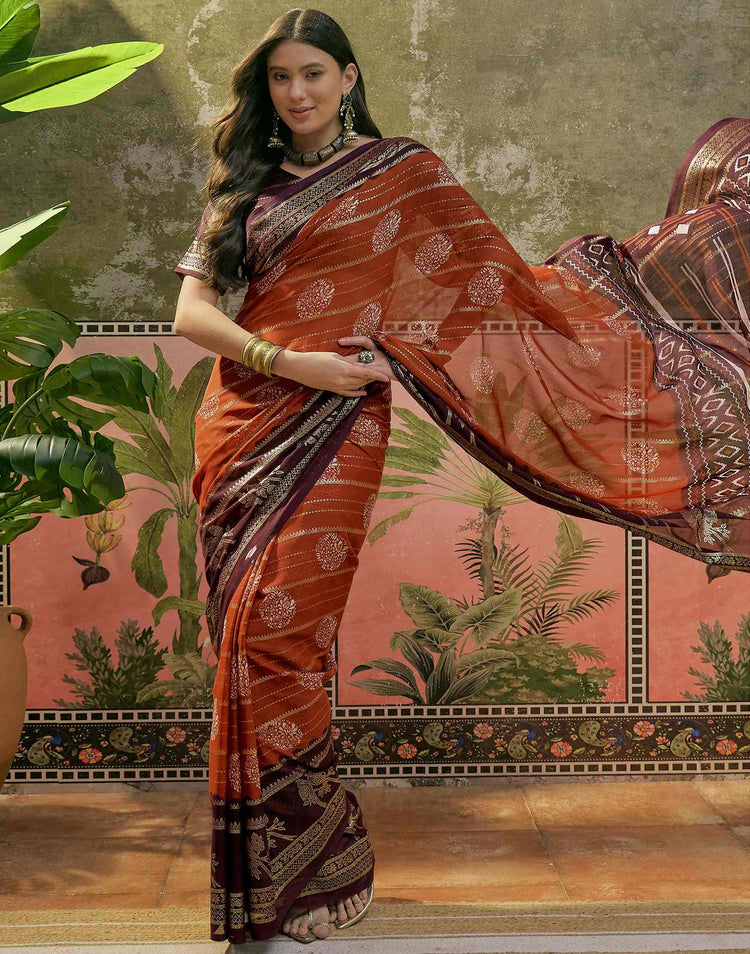 Rust Georgette Foil Printed Saree