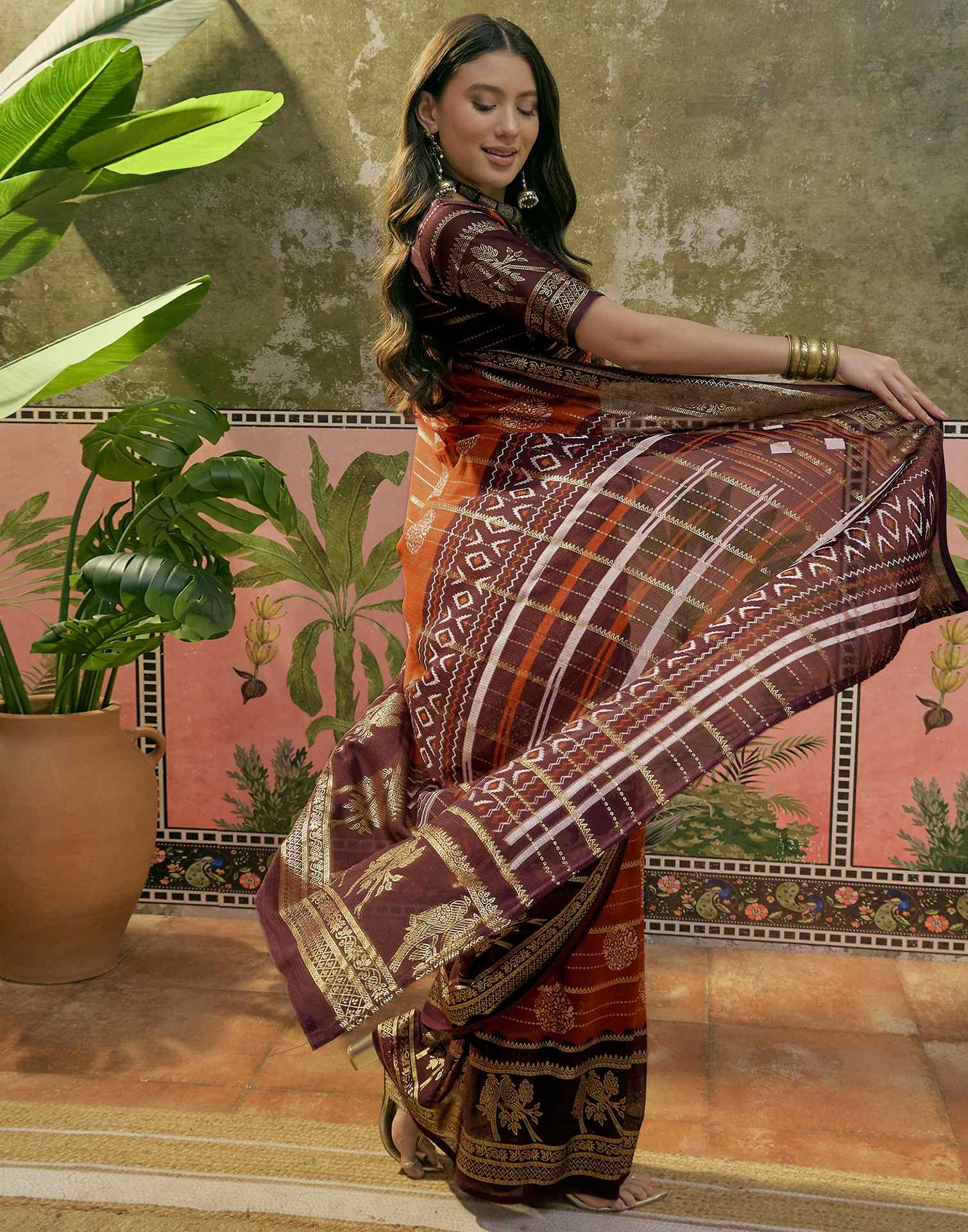 Rust Georgette Foil Printed Saree