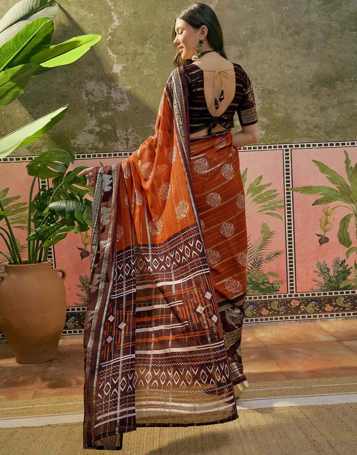 Rust Georgette Foil Printed Saree
