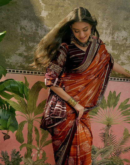 Rust Georgette Foil Printed Saree