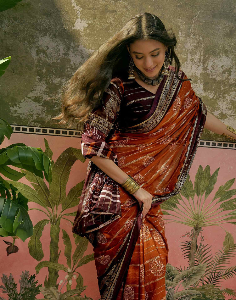 Rust Georgette Foil Printed Saree