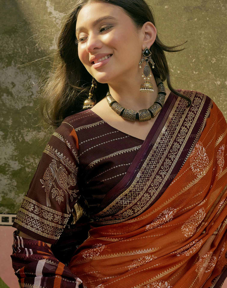 Rust Georgette Foil Printed Saree