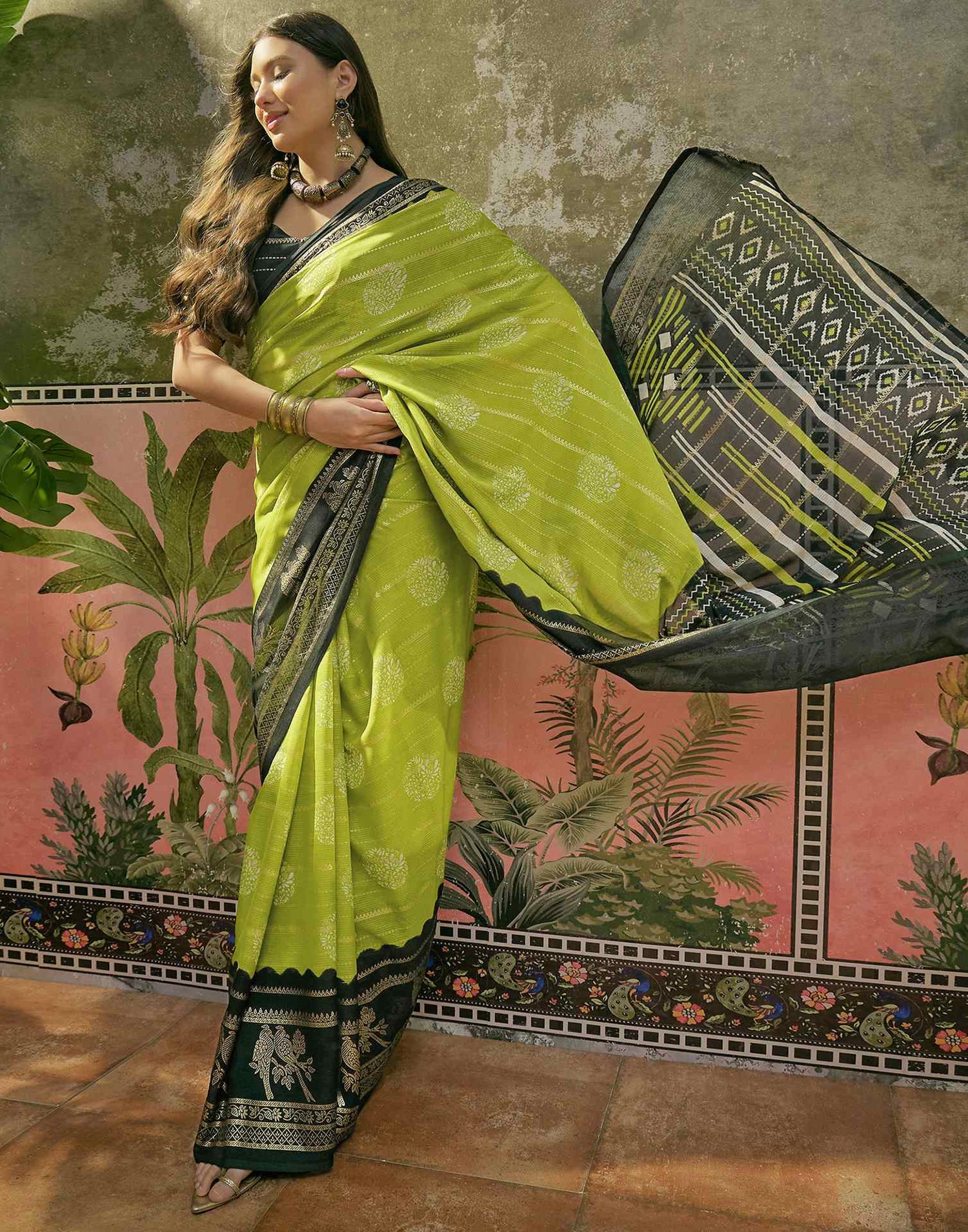Parrot Green Georgette Foil Printed Saree