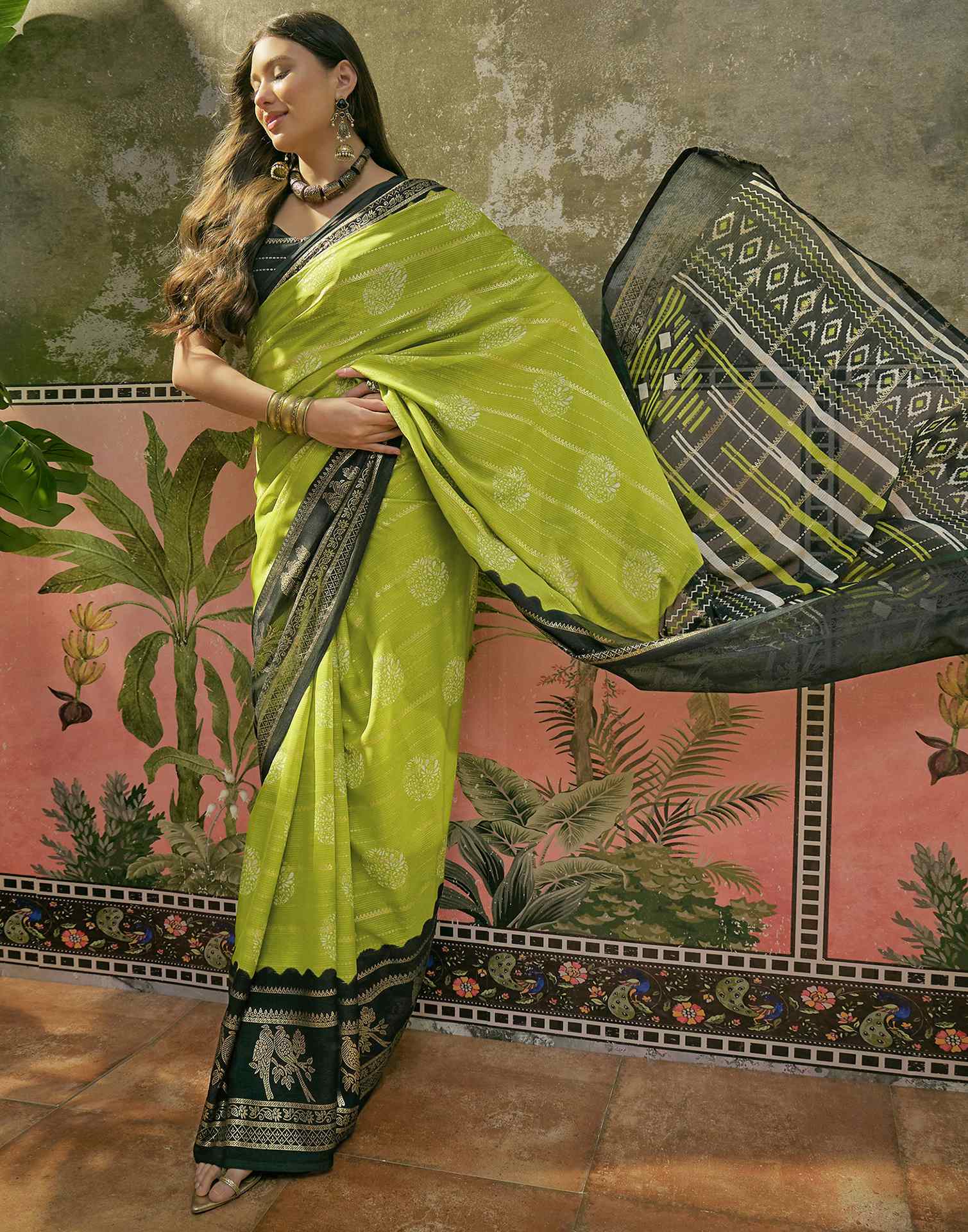 Parrot Green Georgette Foil Printed Saree