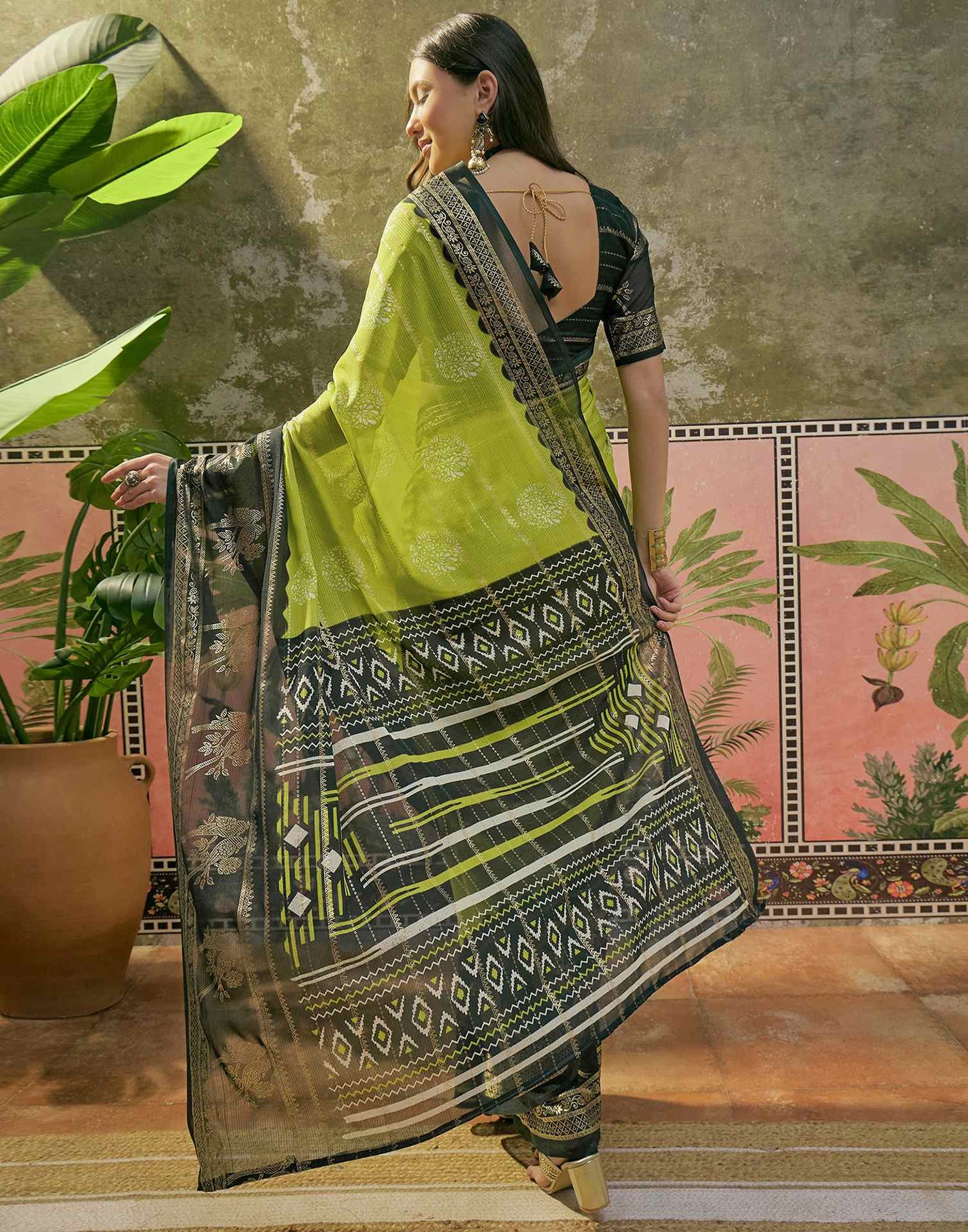 Parrot Green Georgette Foil Printed Saree