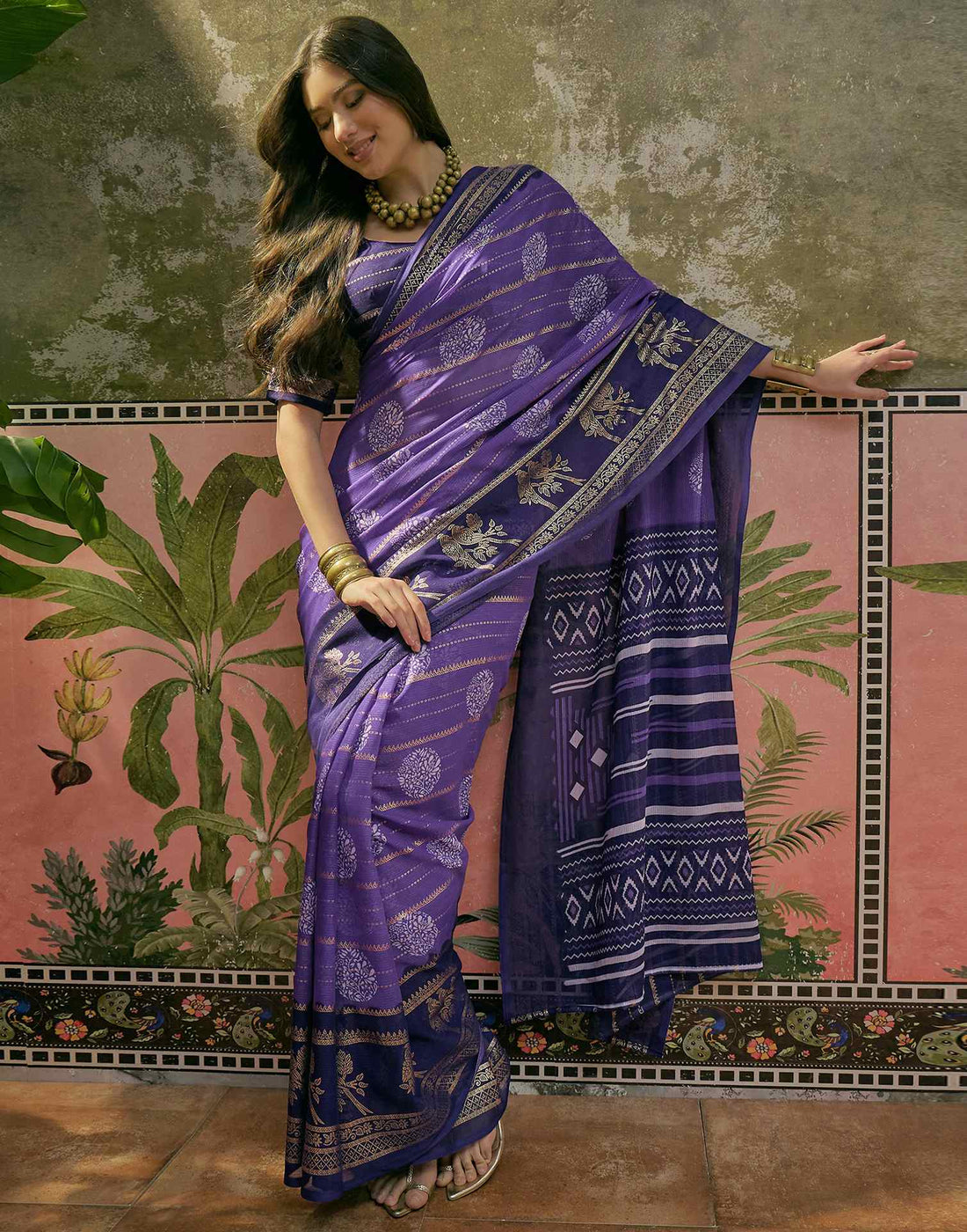 Purple Georgette Foil Printed Saree