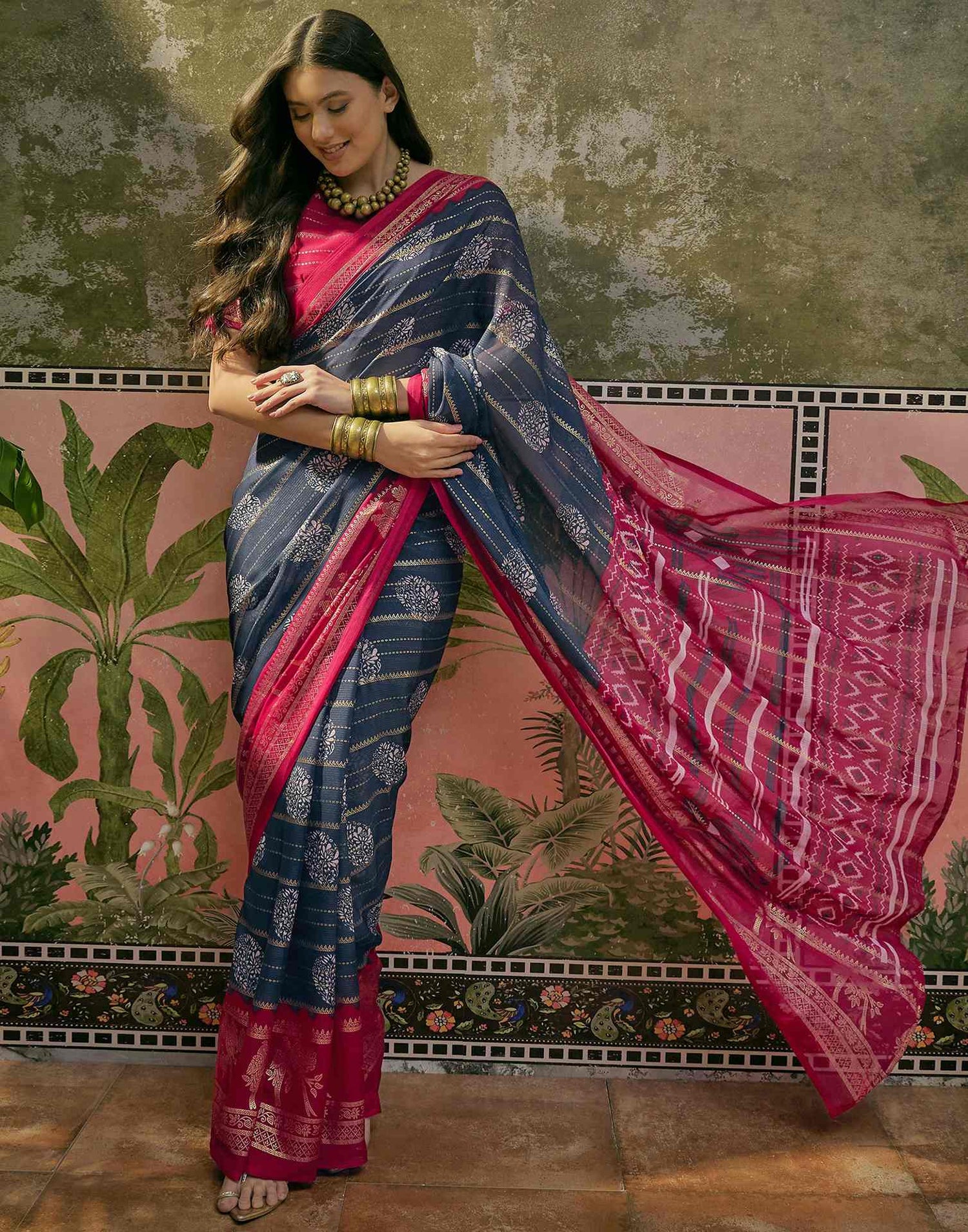Blue Georgette Foil Printed Saree