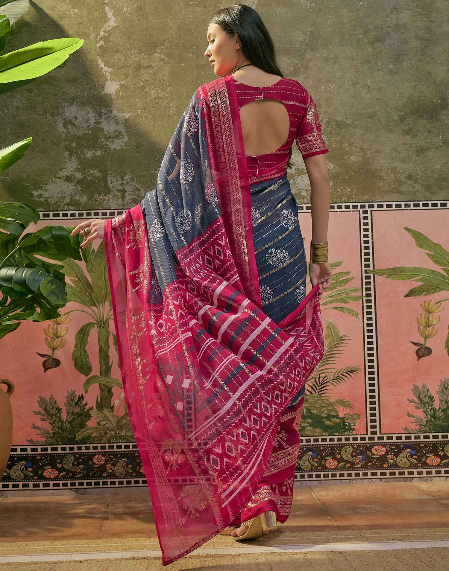 Blue Georgette Foil Printed Saree