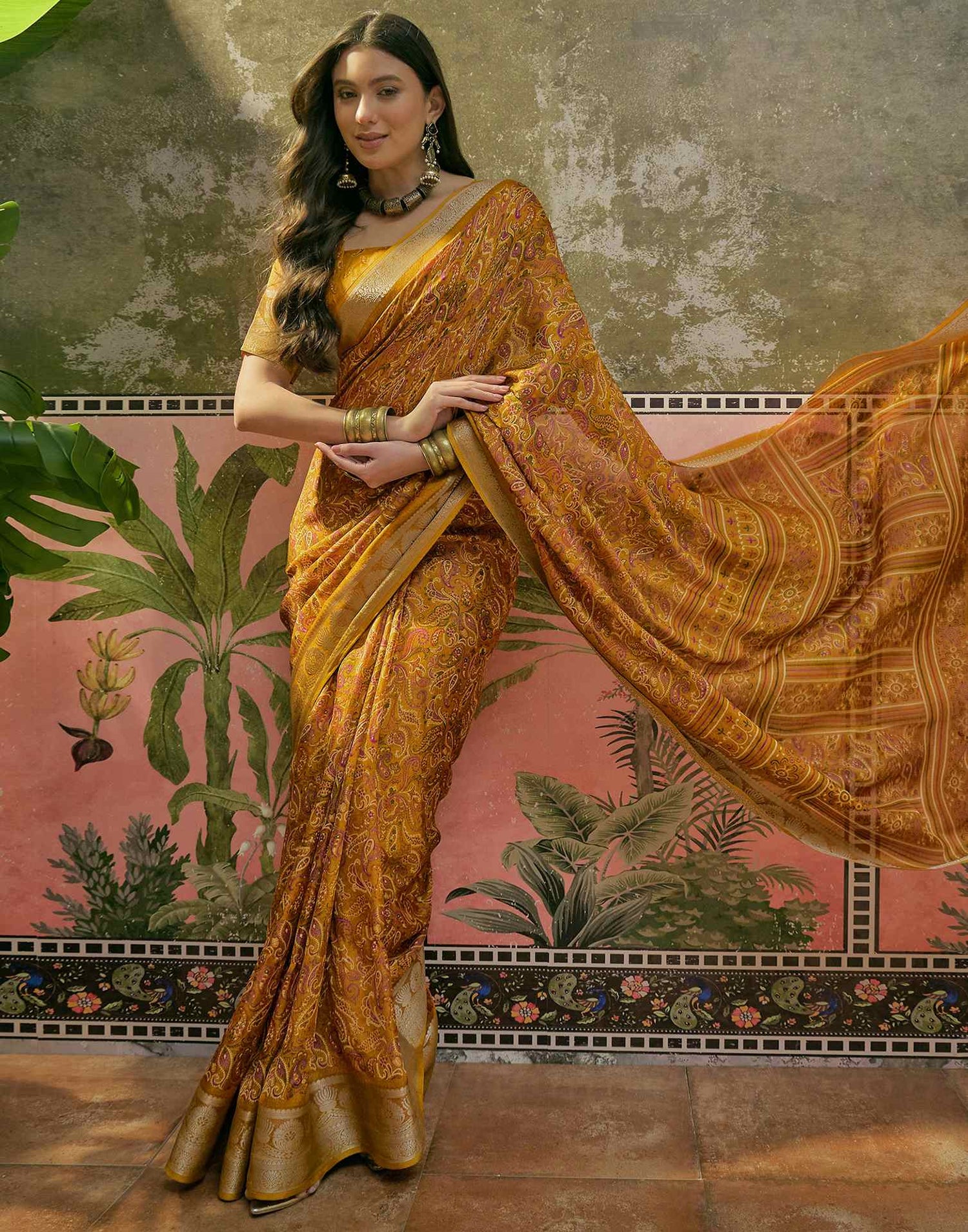 Mustard Yellow Georgette Printed Saree