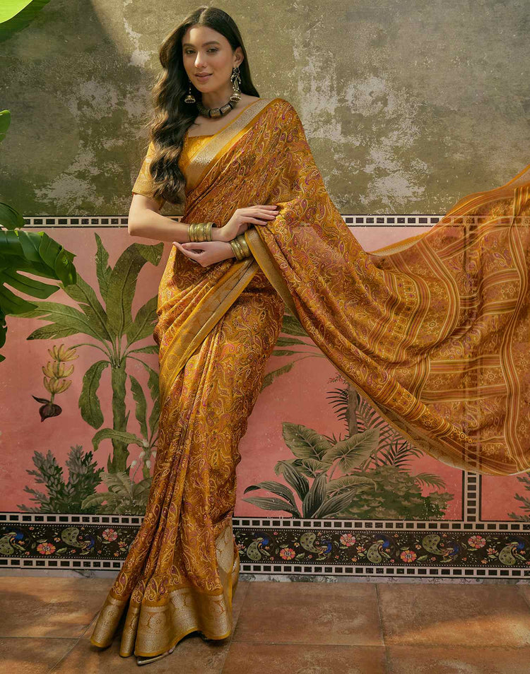 Mustard Yellow Georgette Printed Saree