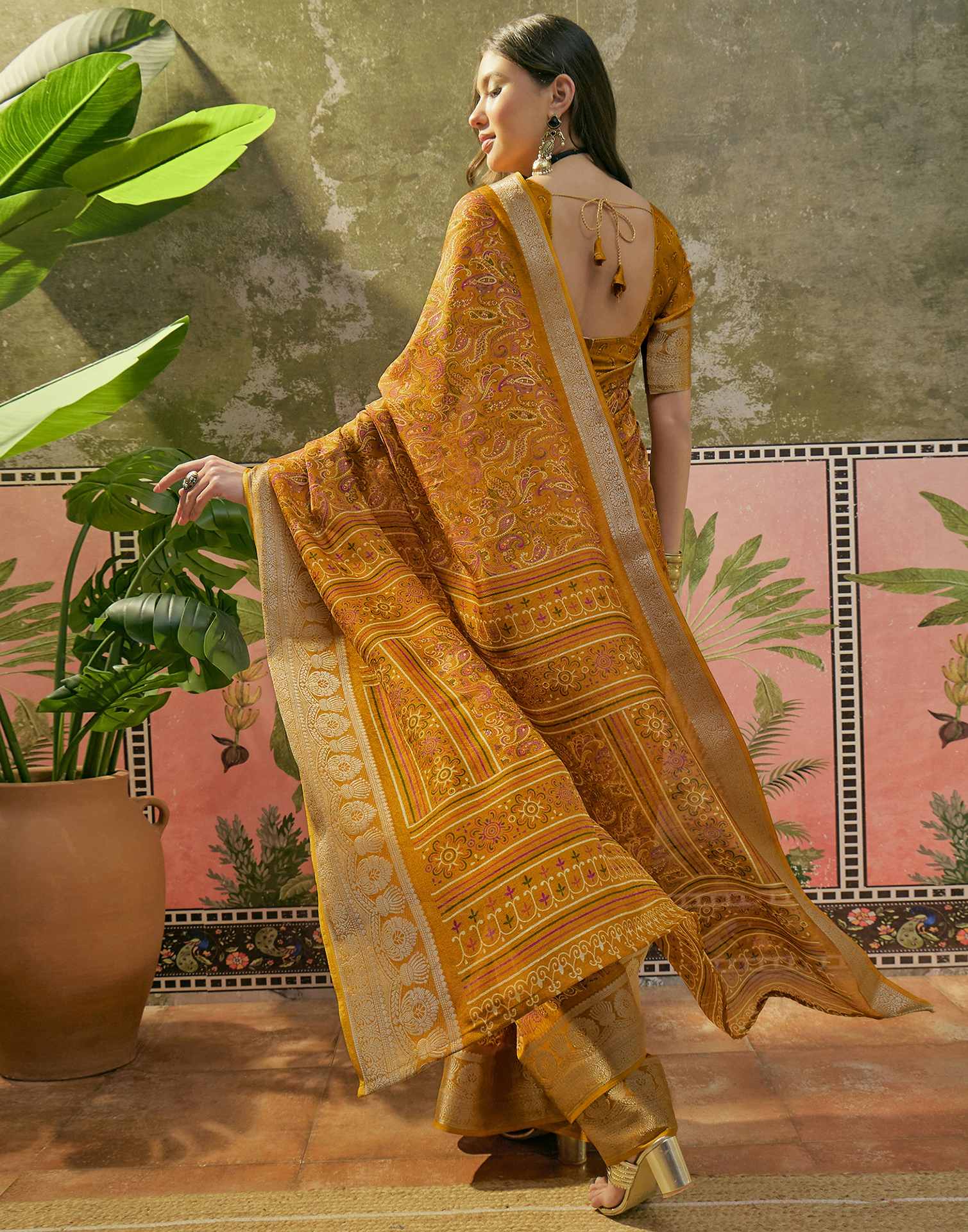 Mustard Yellow Georgette Printed Saree