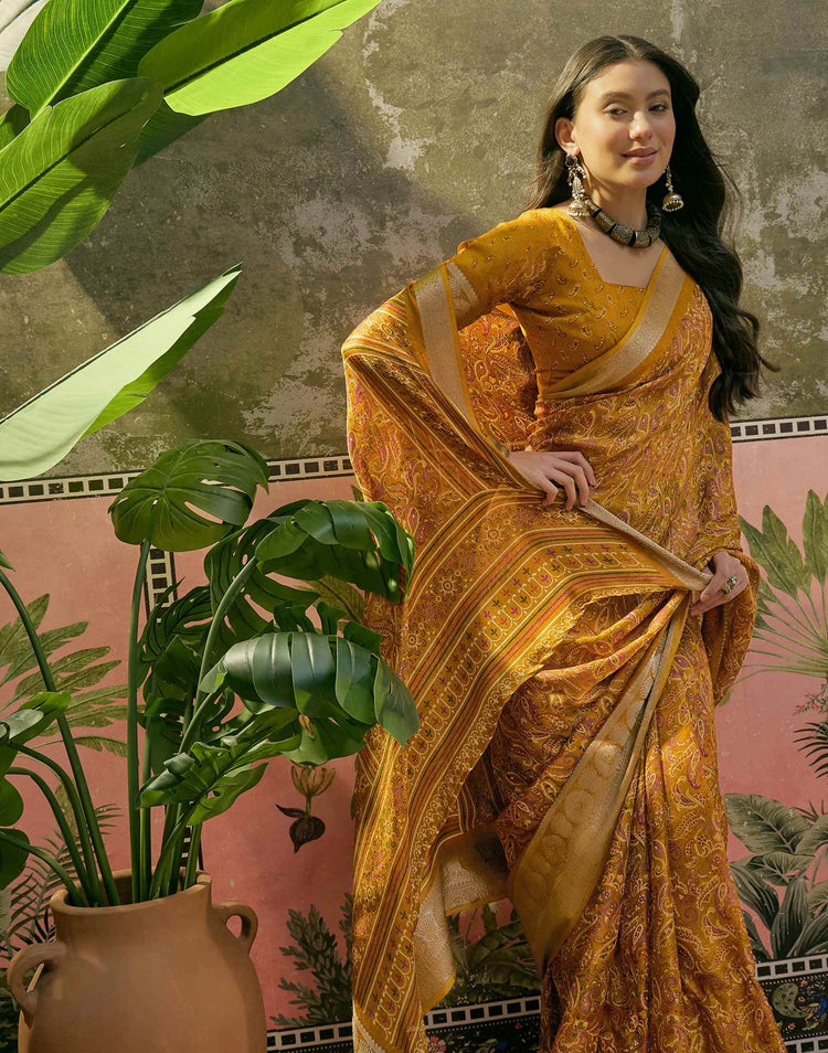 Mustard Yellow Georgette Printed Saree