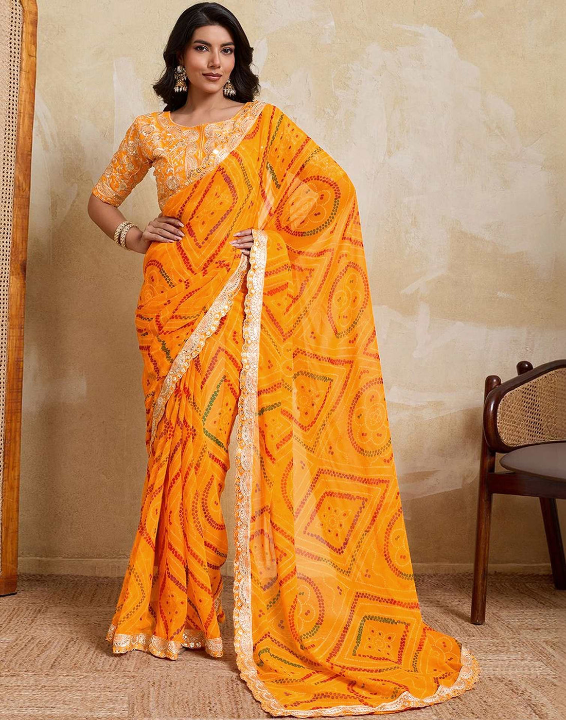 Yellow Georgette Bandhani Printed Saree 