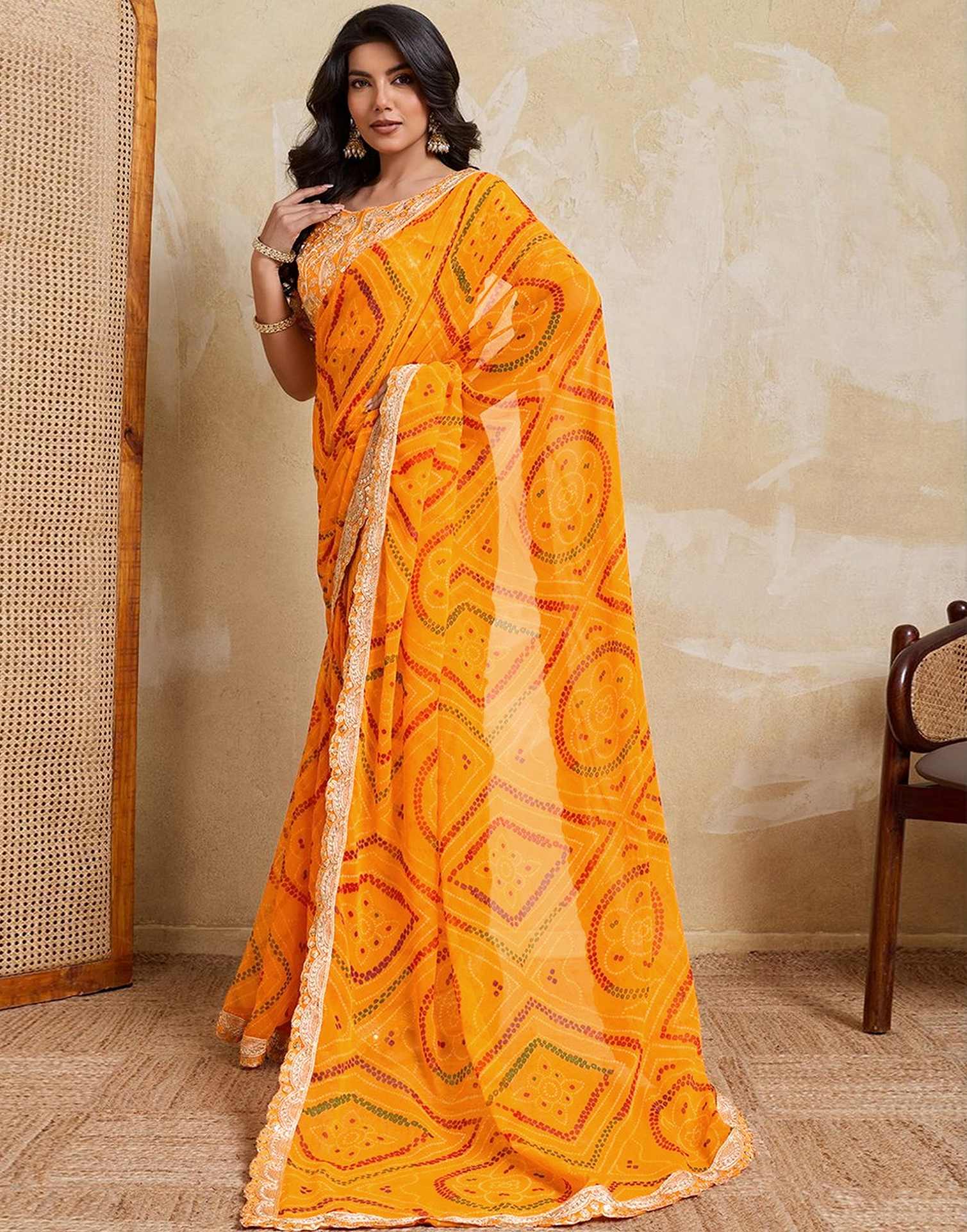 Yellow Georgette Bandhani Printed Saree 