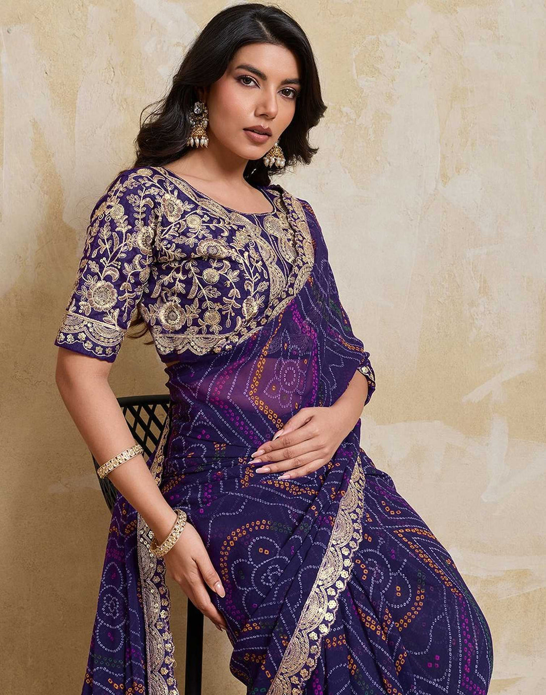 Purple Georgette Bandhani Printed Saree 