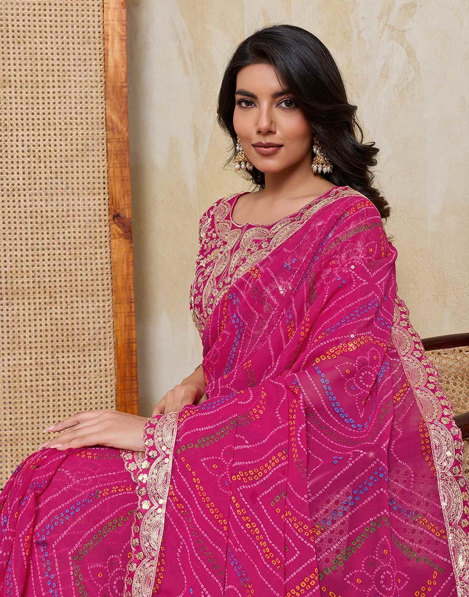 Rani Pink Georgette Bandhani Printed Saree 