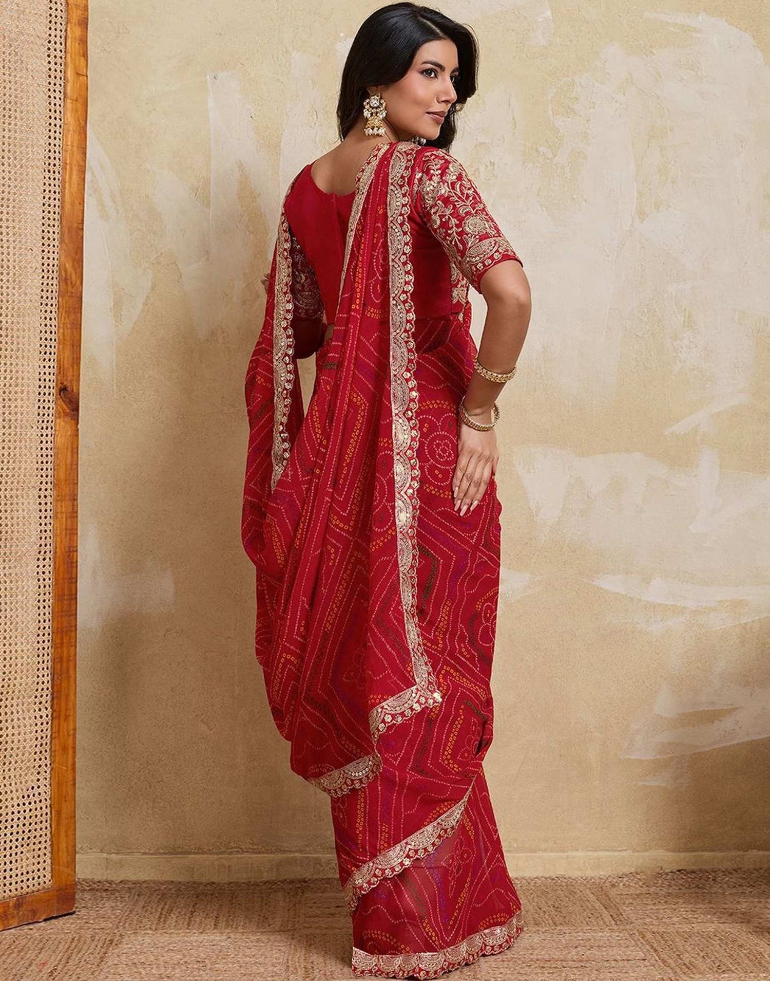 Red Georgette Bandhani Printed Saree 
