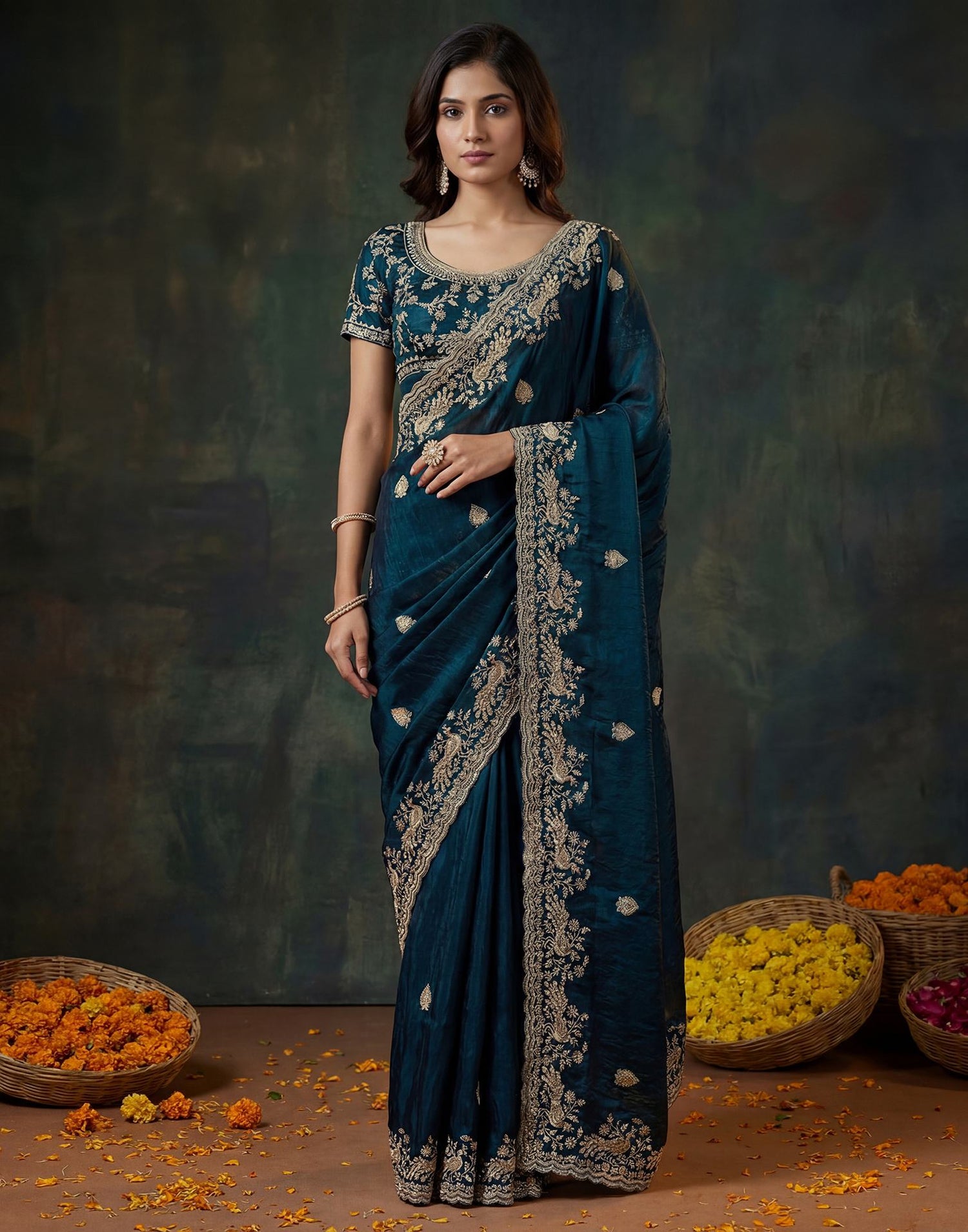 Navy Blue Tissue Silk Embroidery Saree