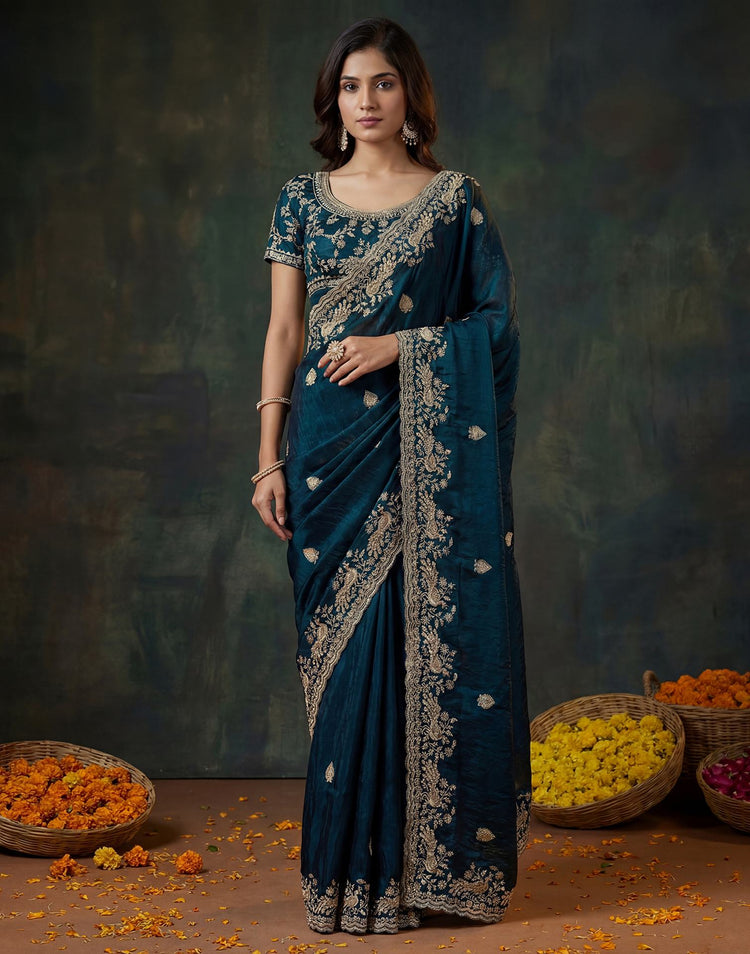Navy Blue Tissue Silk Embroidery Saree