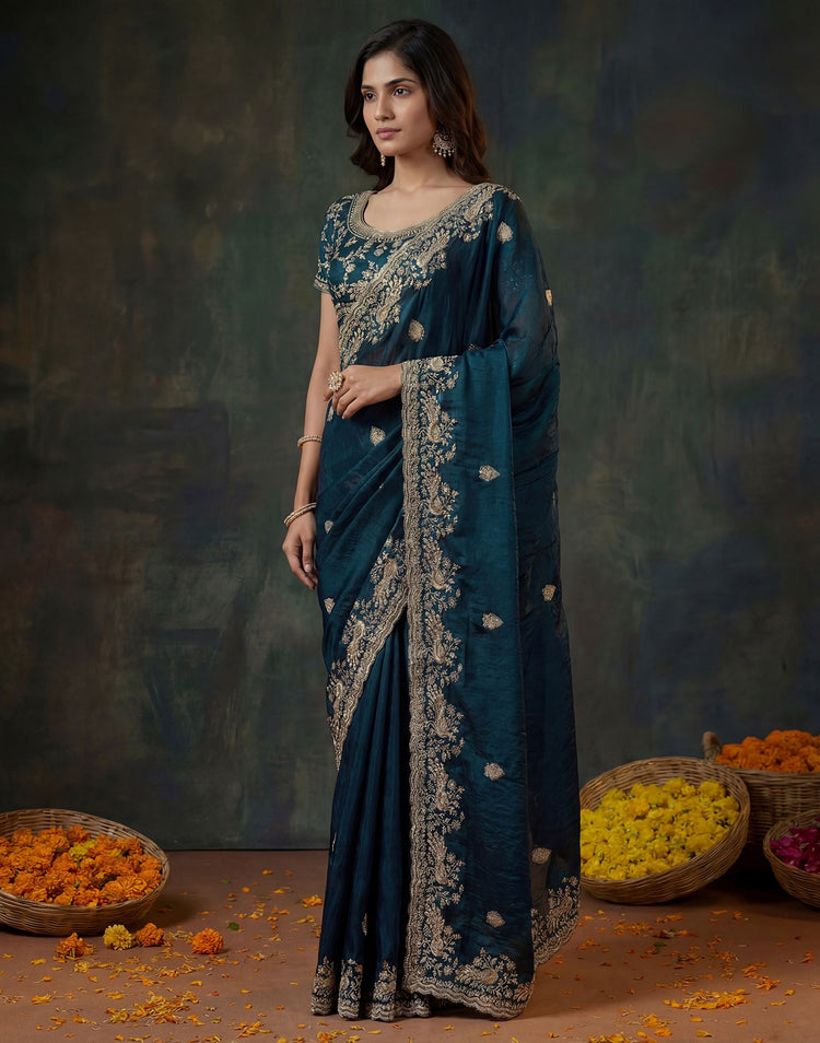 Navy Blue Tissue Silk Embroidery Saree