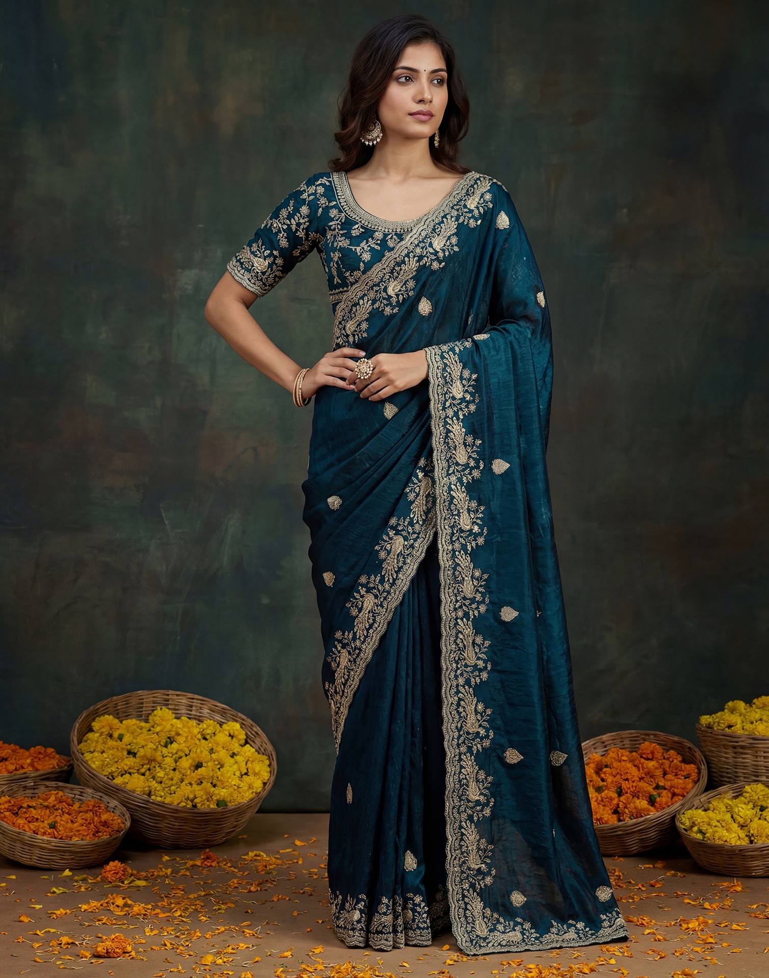 Navy Blue Tissue Silk Embroidery Saree