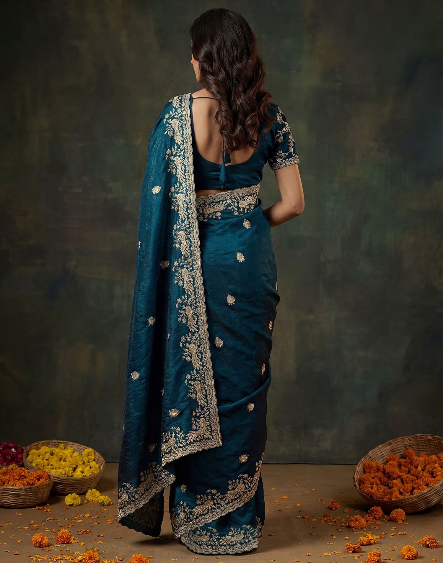 Navy Blue Tissue Silk Embroidery Saree
