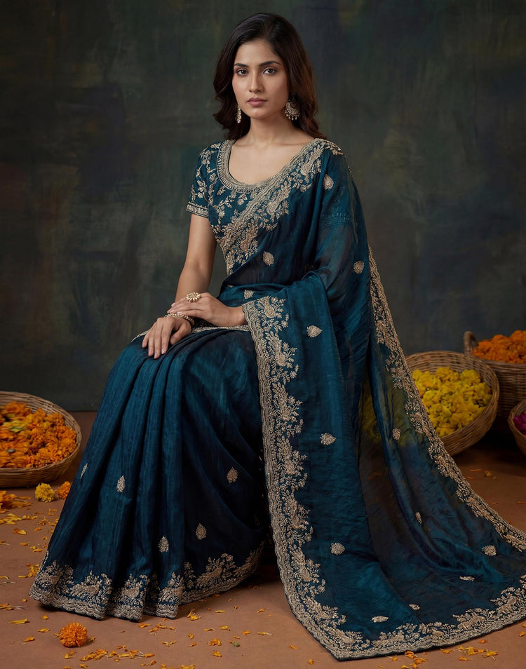 Navy Blue Tissue Silk Embroidery Saree