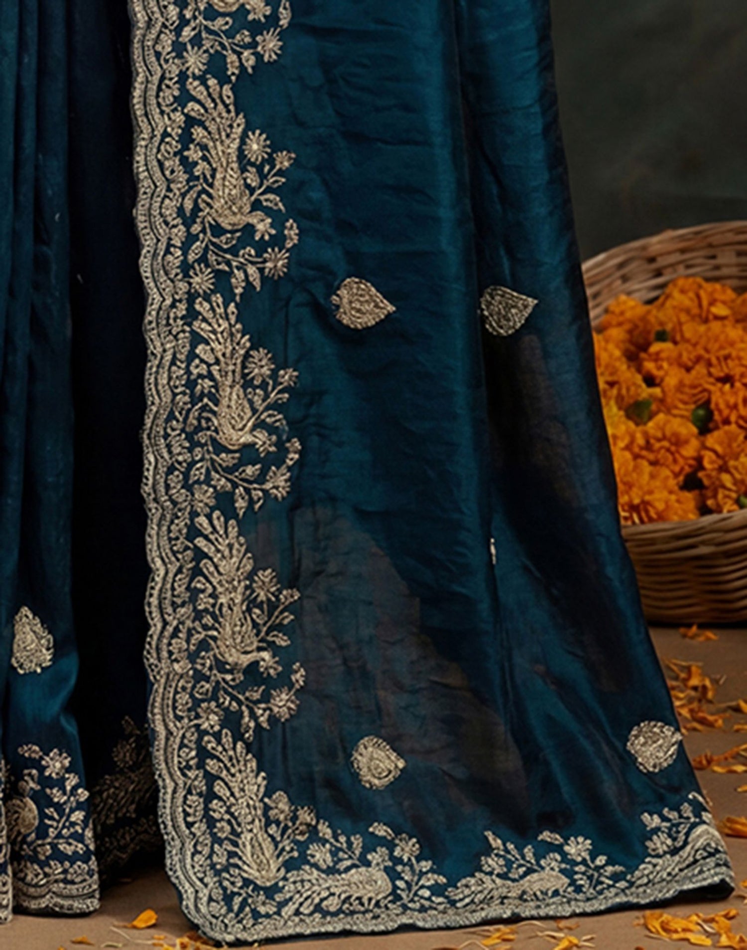 Navy Blue Tissue Silk Embroidery Saree