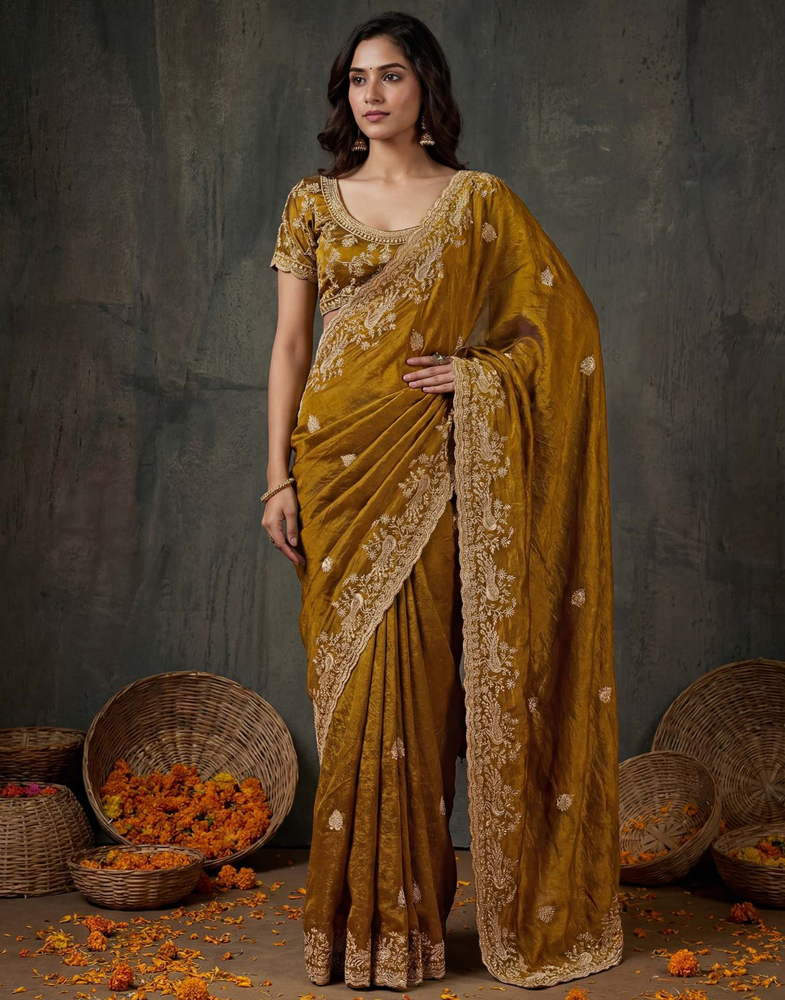 Dark Mustard Yellow Tissue Silk Embroidery Saree