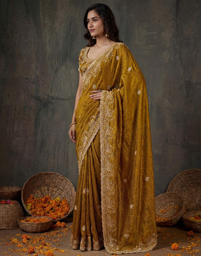 Dark Mustard Yellow Tissue Silk Embroidery Saree