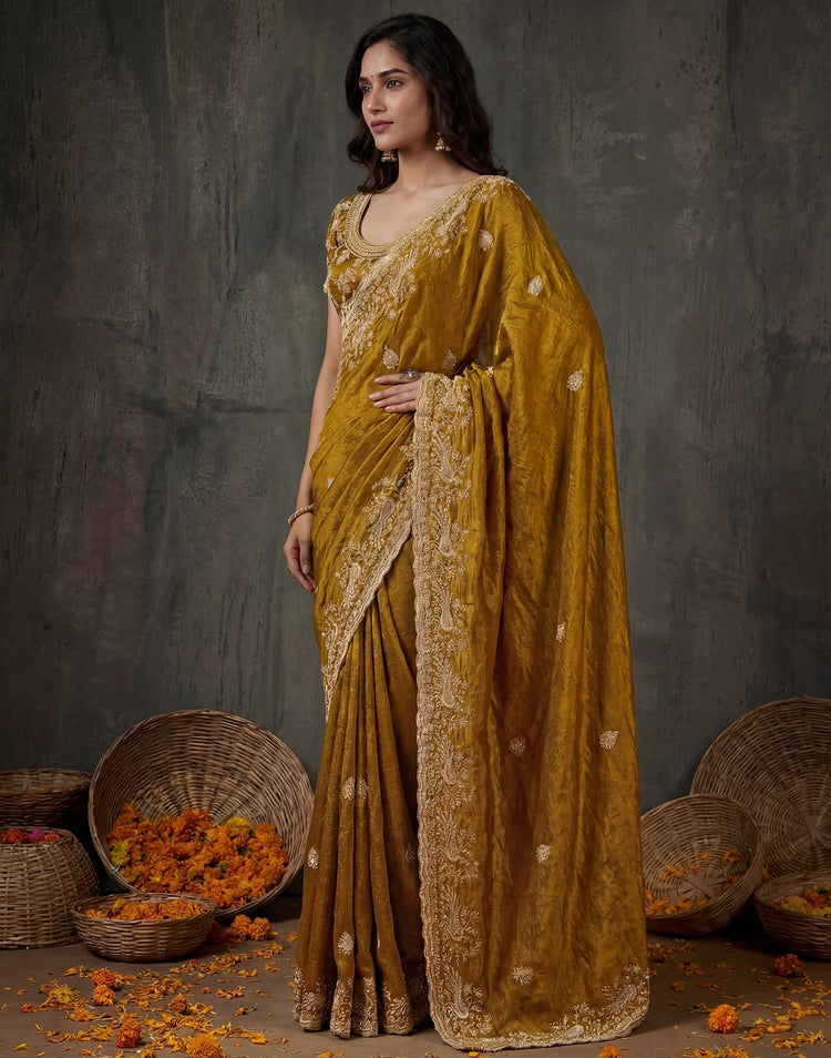Dark Mustard Yellow Tissue Silk Embroidery Saree