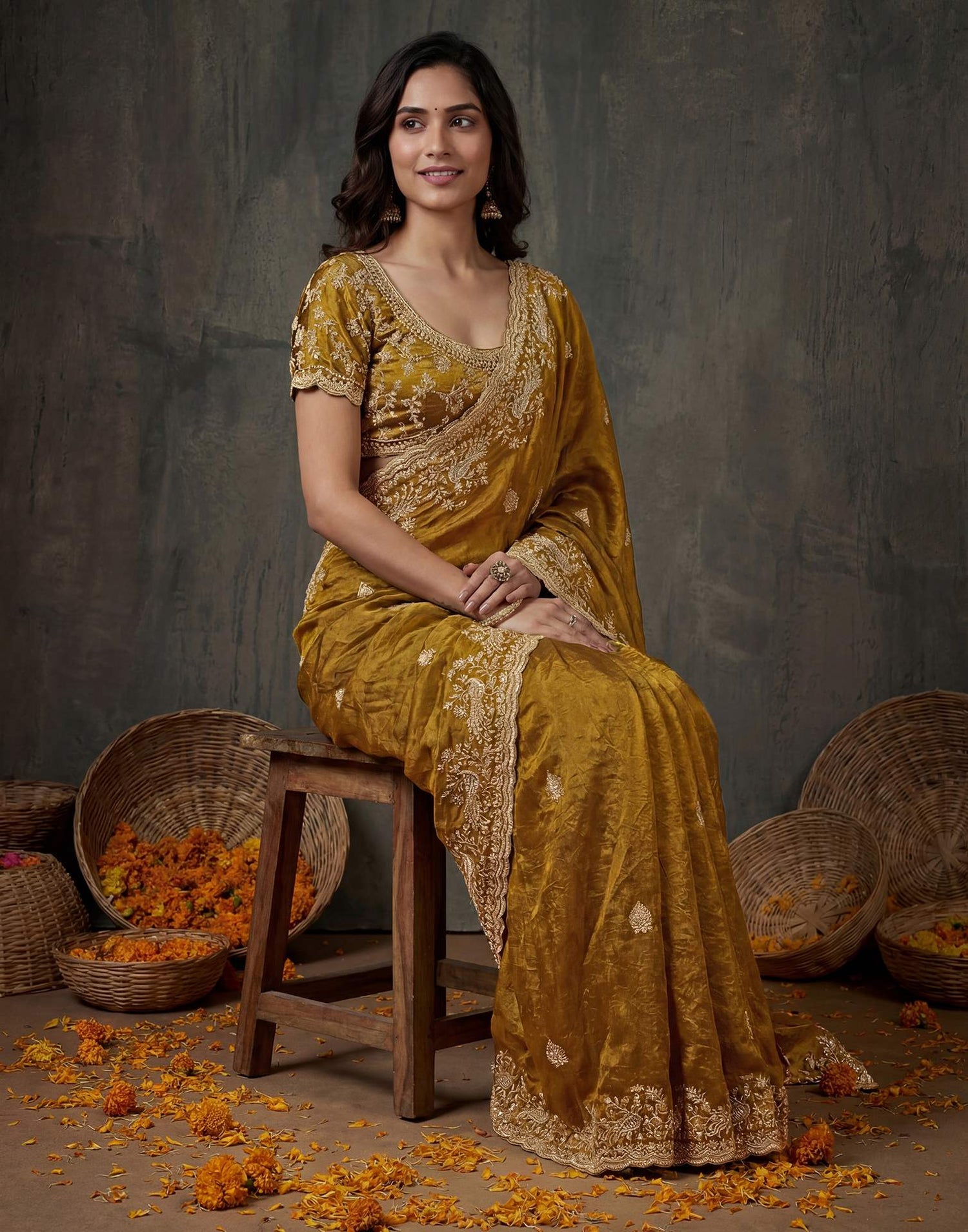 Dark Mustard Yellow Tissue Silk Embroidery Saree