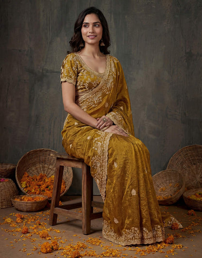 Dark Mustard Yellow Tissue Silk Embroidery Saree