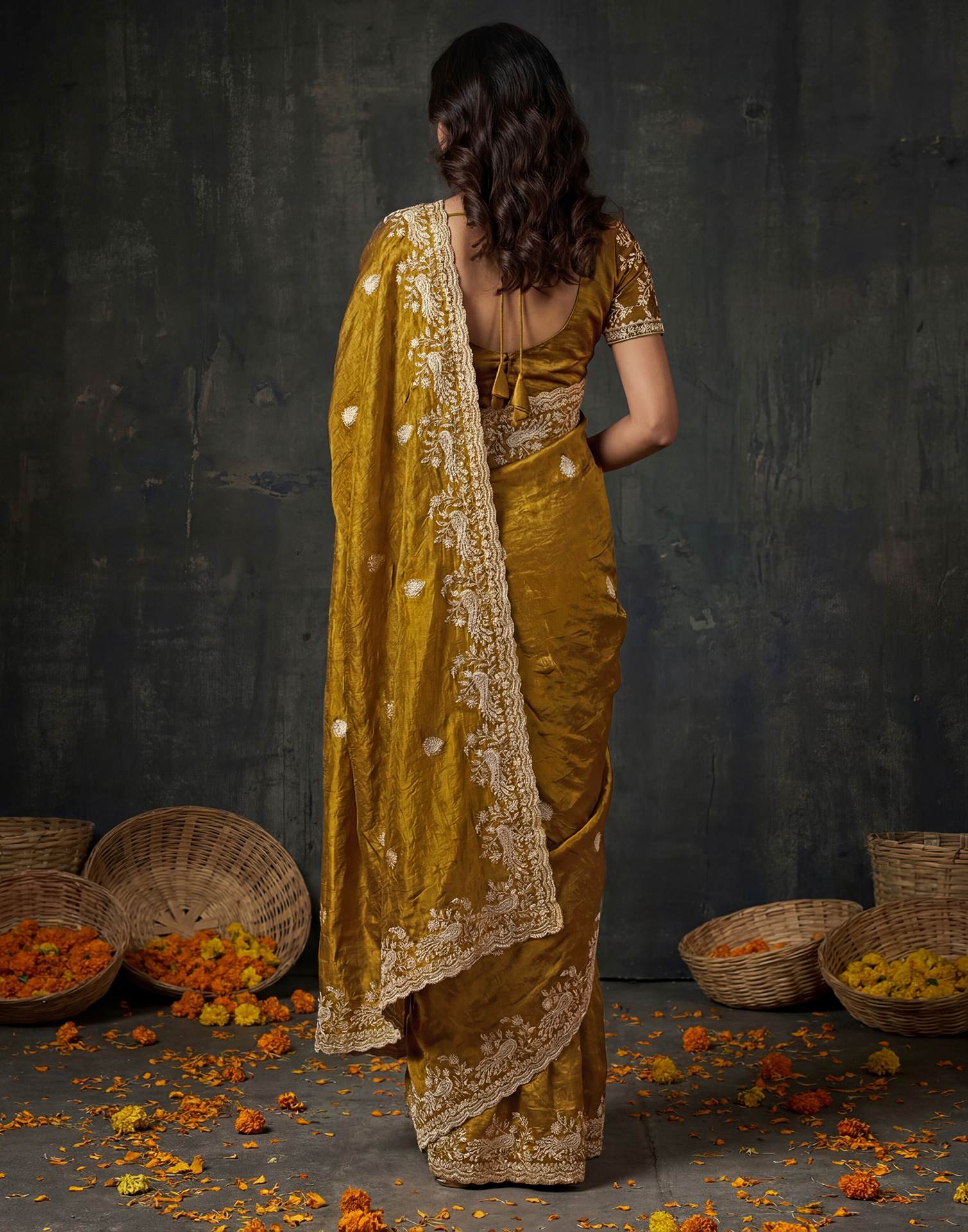 Dark Mustard Yellow Tissue Silk Embroidery Saree