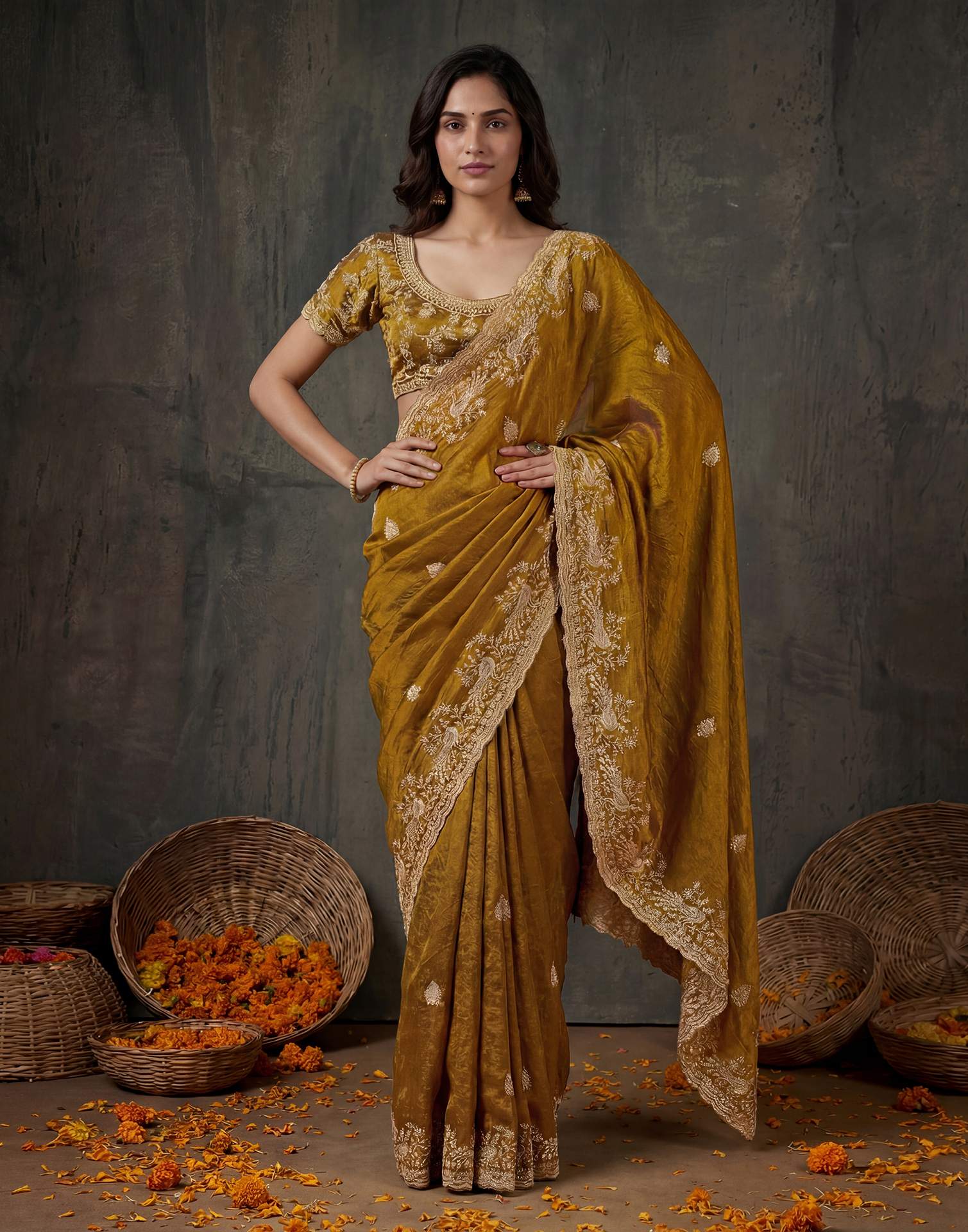 Dark Mustard Yellow Tissue Silk Embroidery Saree