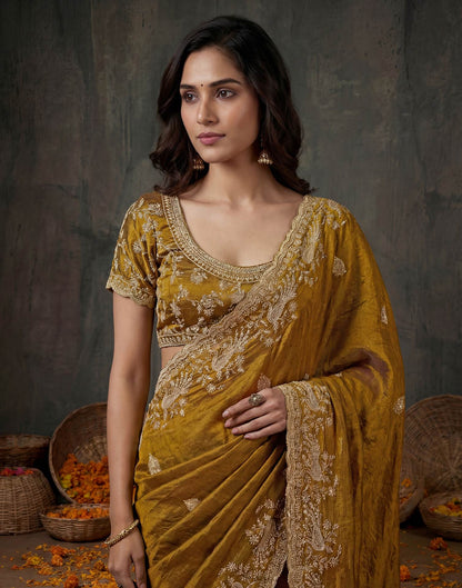 Dark Mustard Yellow Tissue Silk Embroidery Saree
