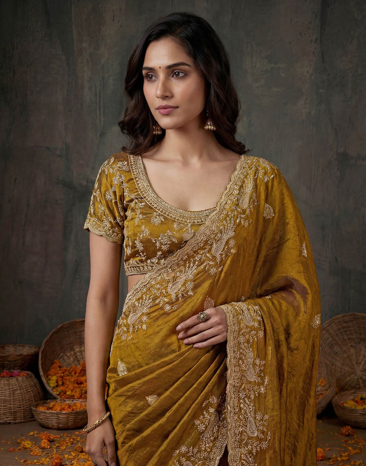 Dark Mustard Yellow Tissue Silk Embroidery Saree