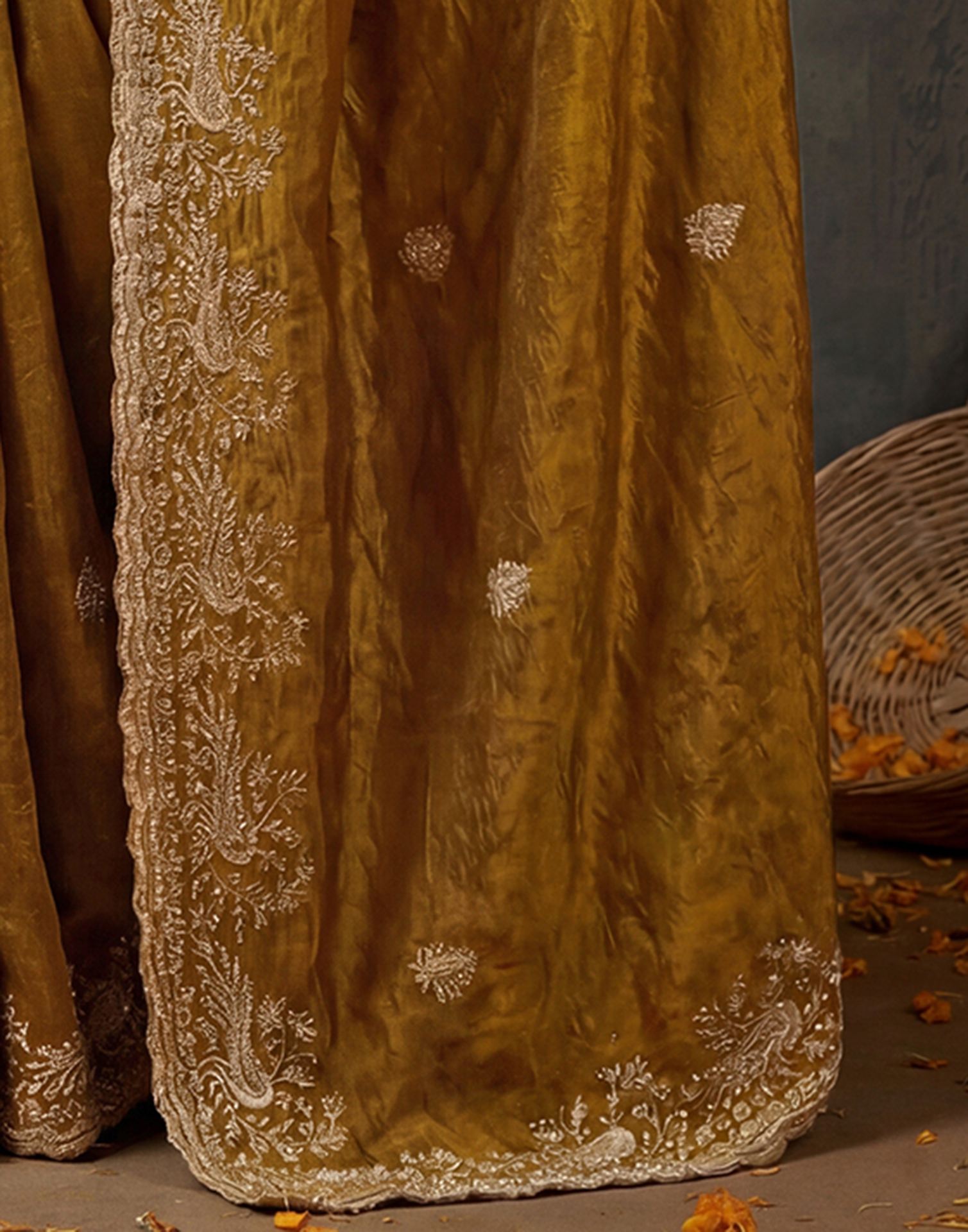 Dark Mustard Yellow Tissue Silk Embroidery Saree