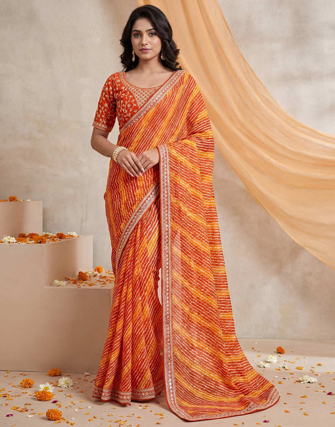 Orange Georgette Laheriya Printed Saree