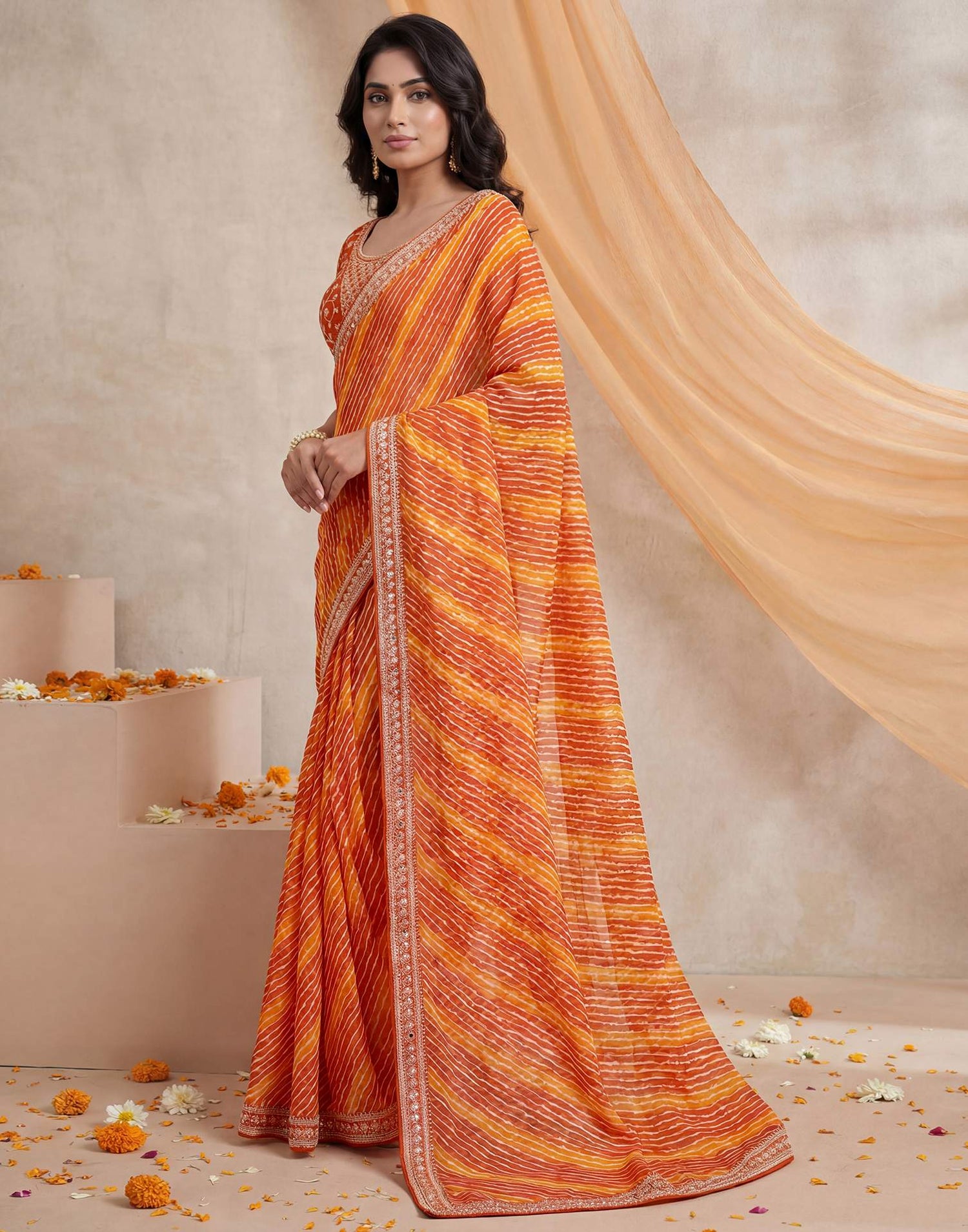 Orange Georgette Laheriya Printed Saree