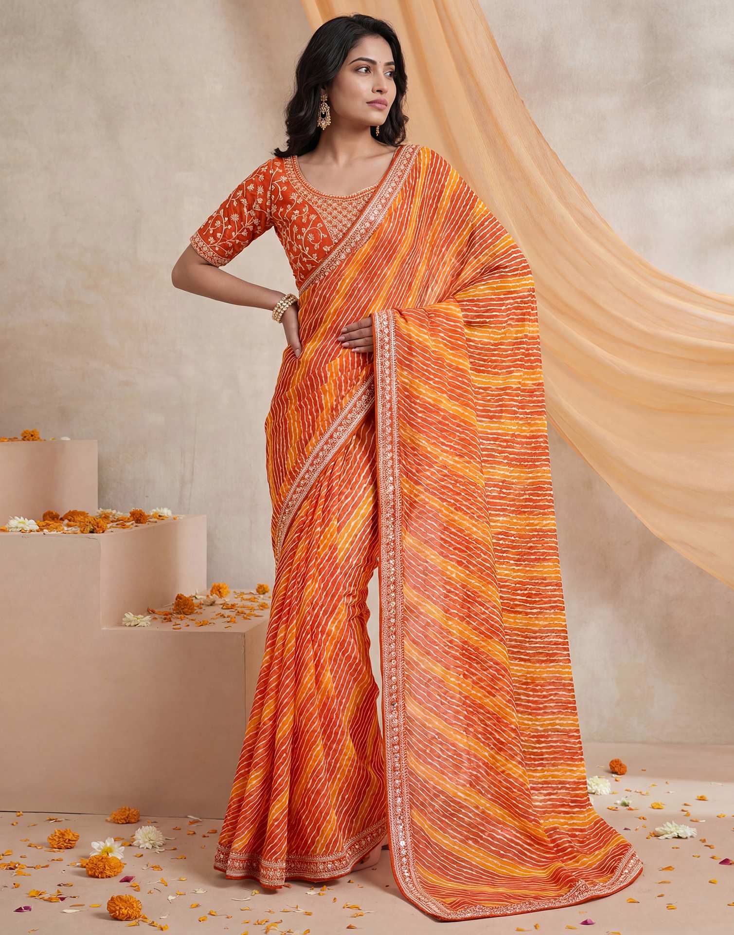 Orange Georgette Laheriya Printed Saree