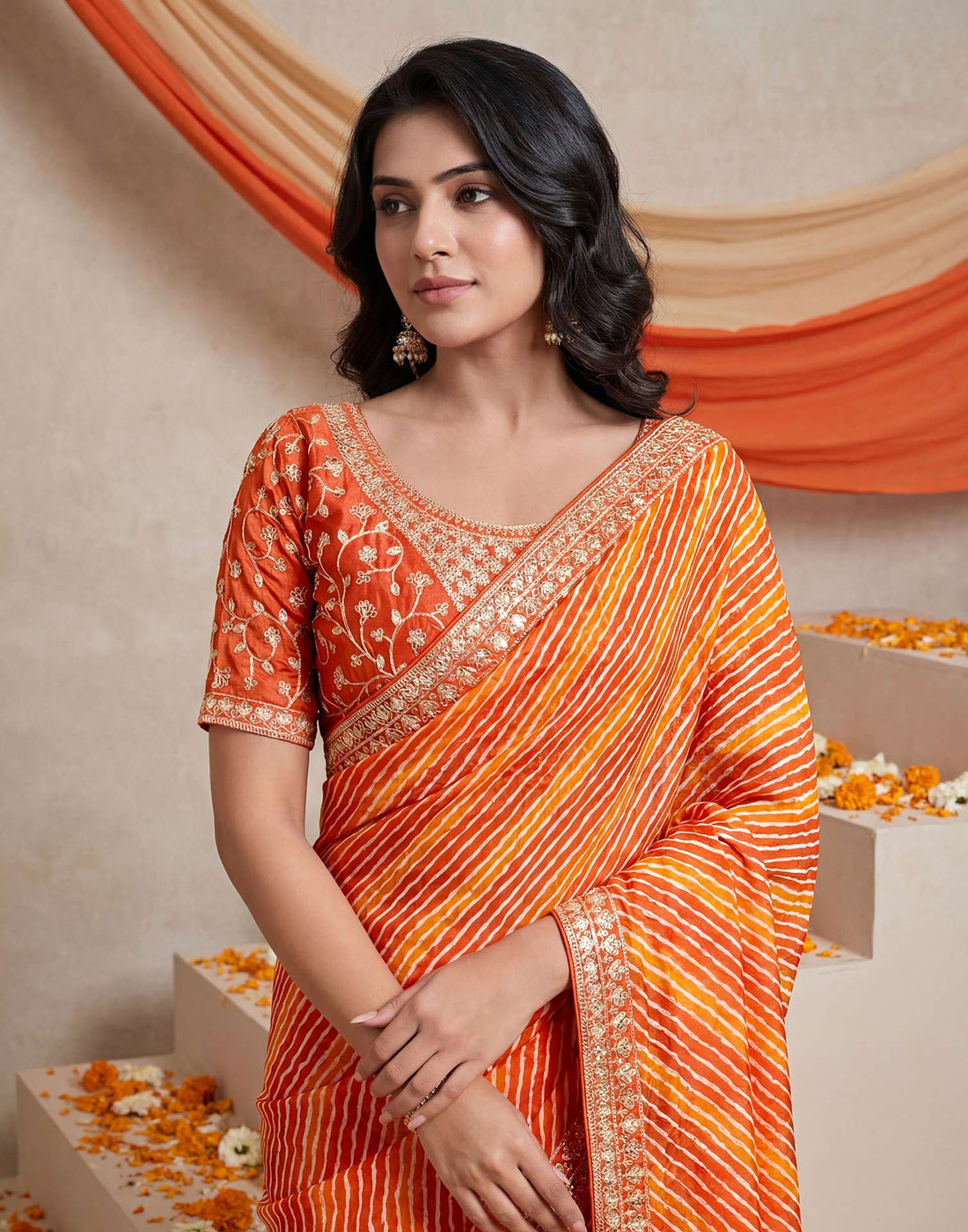 Orange Georgette Laheriya Printed Saree