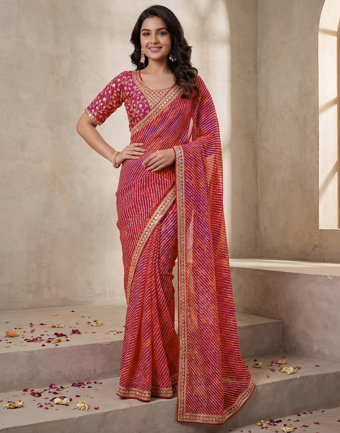 Pink Georgette Laheriya Printed Saree