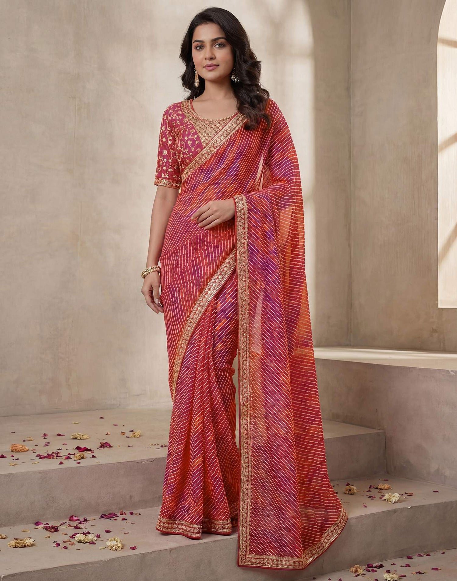 Pink Georgette Laheriya Printed Saree
