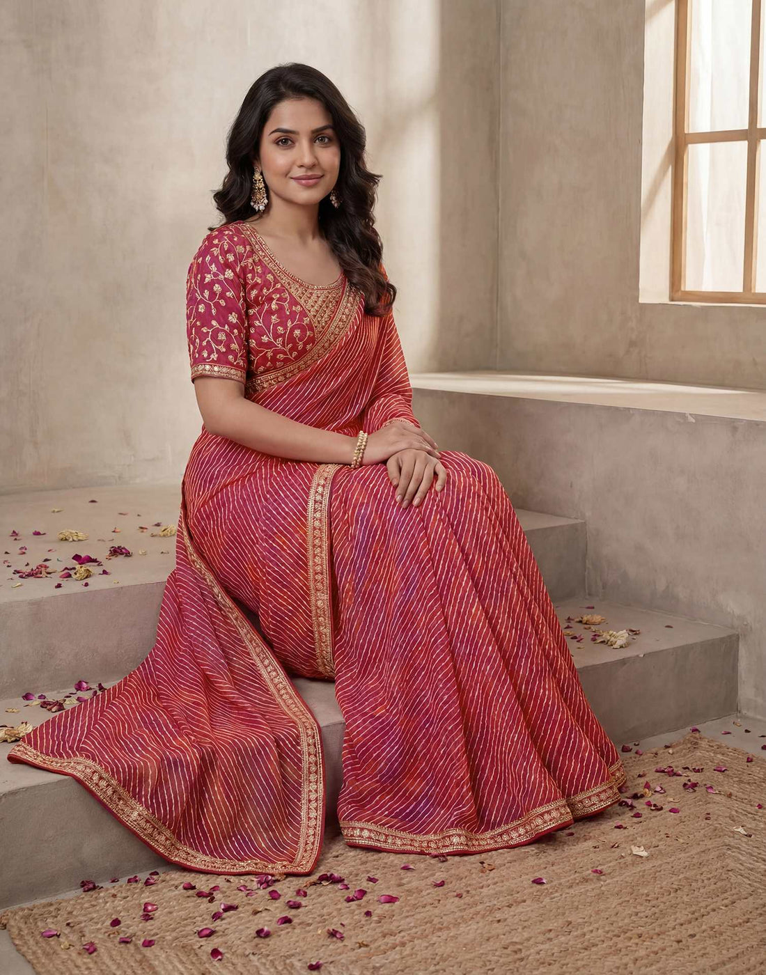 Pink Georgette Laheriya Printed Saree