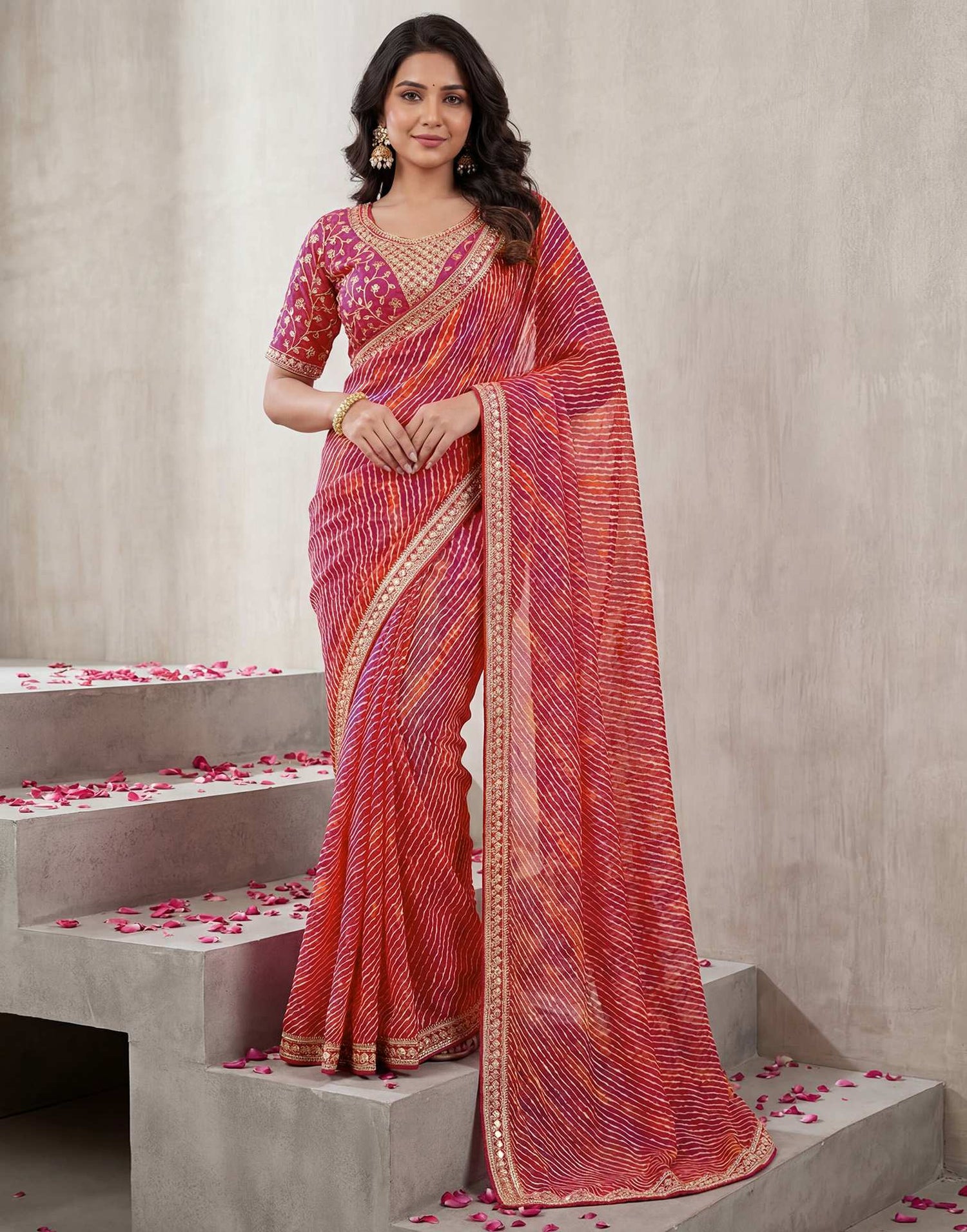 Pink Georgette Laheriya Printed Saree