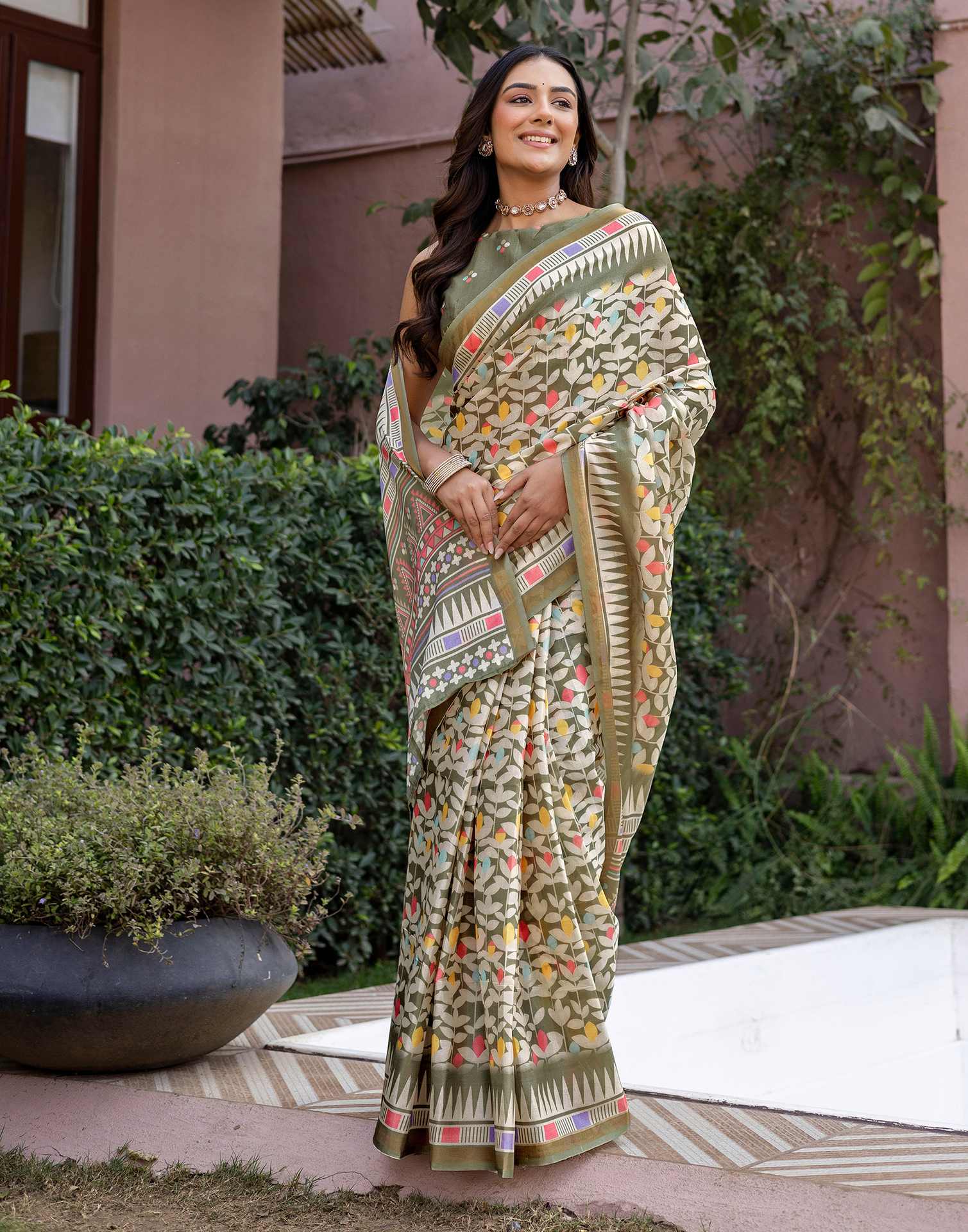 Sage Green Silk Printed Saree